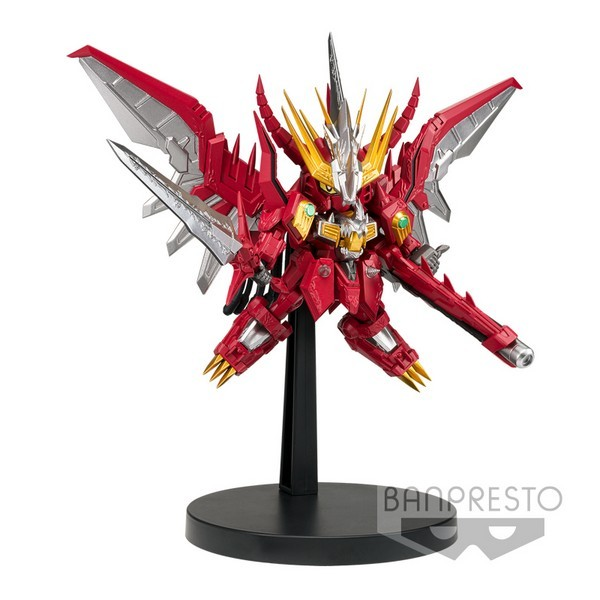 Una figura de acción mecha roja y dorada con grandes alas y una espada, montada en un soporte negro.