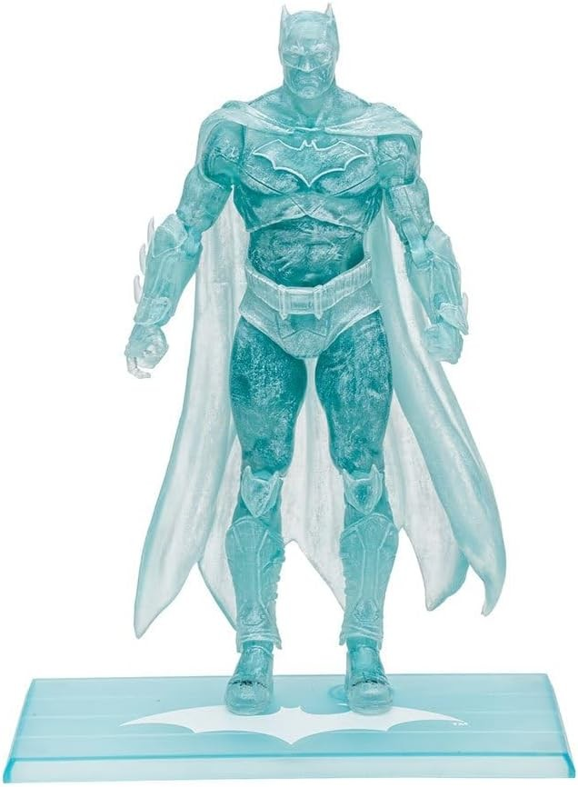 Una figura de acción translúcida de Batman en azul claro sobre una base a juego.