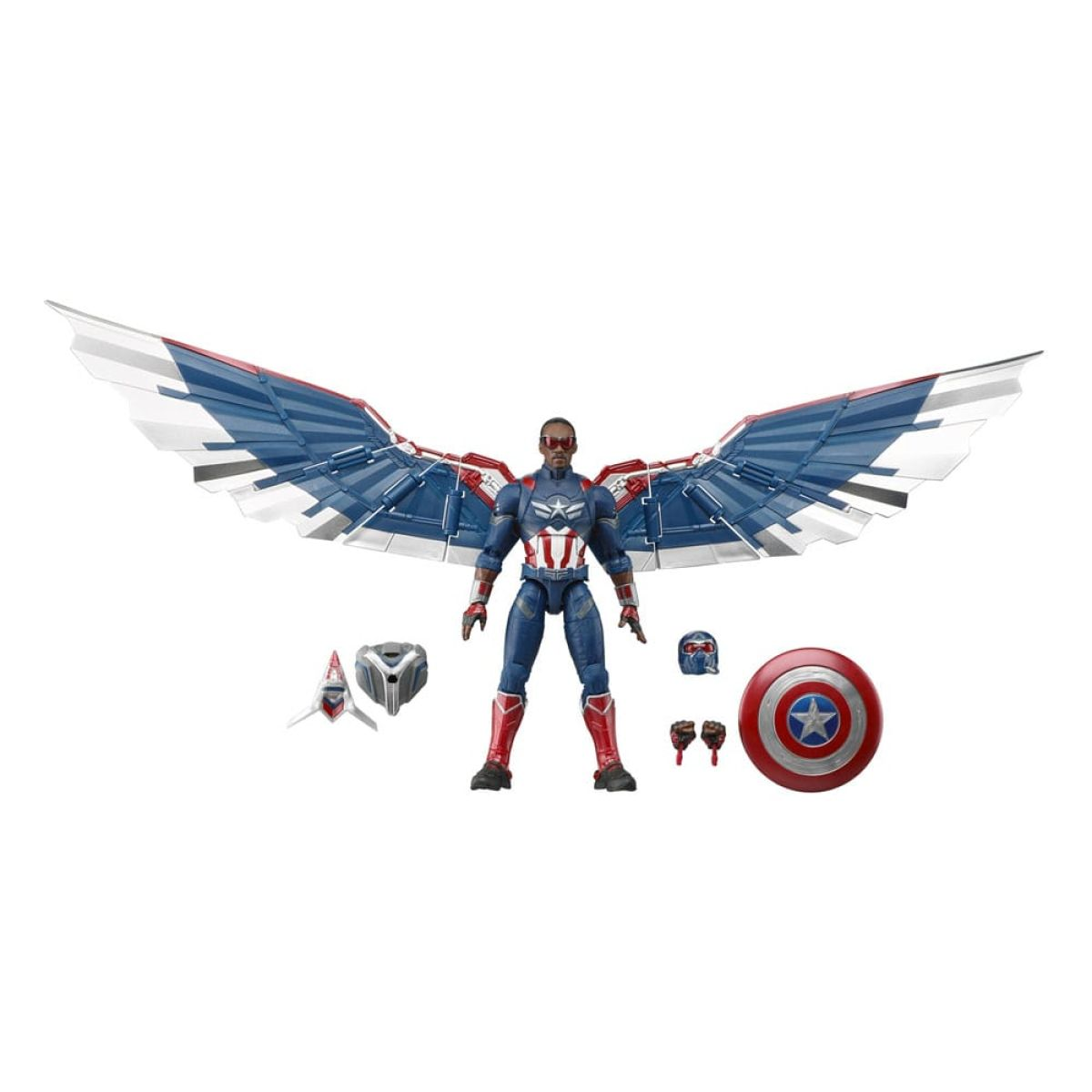 Figura de acción de Capitán América con grandes alas azules y blancas, escudo y accesorios intercambiables sobre fondo blanco.