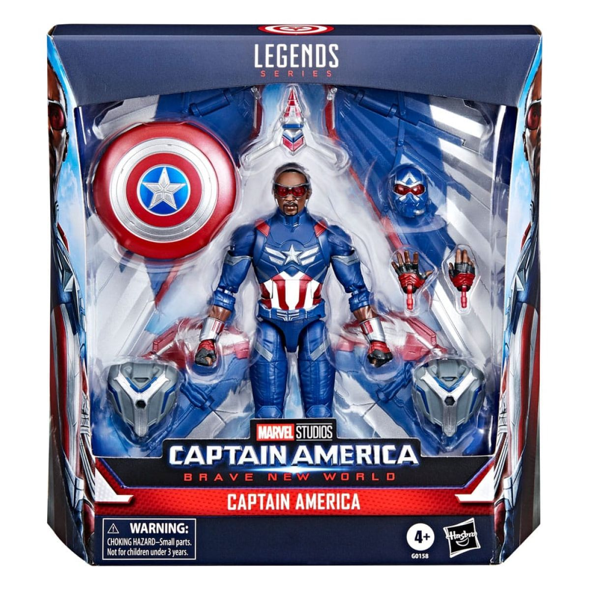 Figura de acción de Capitán América en su caja con escudo, alas y accesorios.