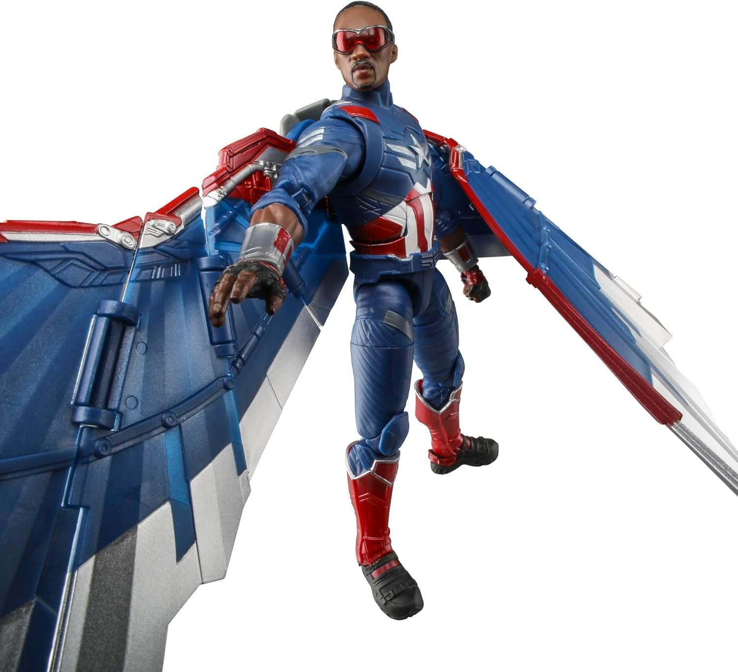 Figura de acción de Capitán América con traje azul y rojo, gafas rojas y grandes alas azules.