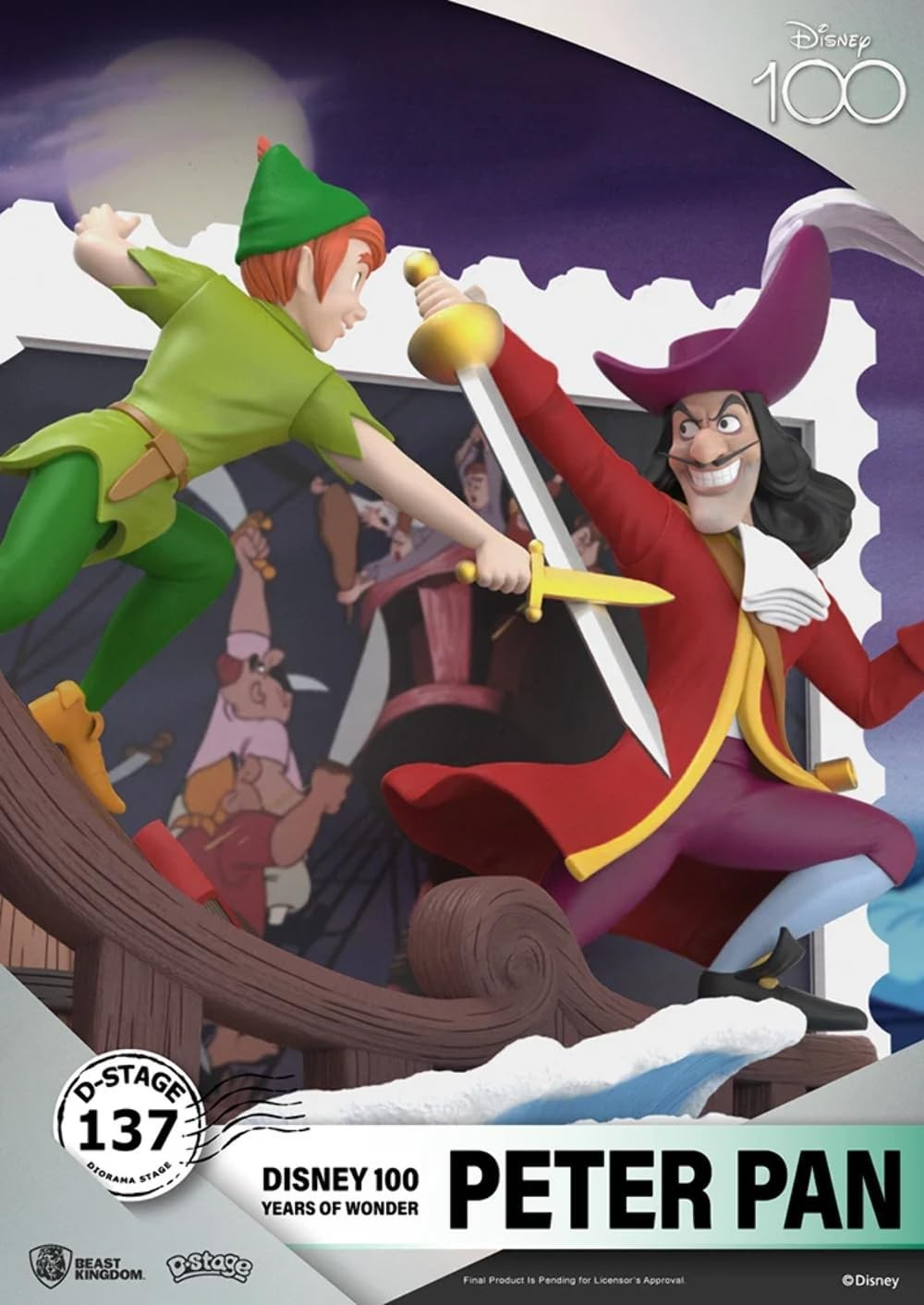 Peter Pan y el Capitán Garfio luchan con espadas en la cubierta.