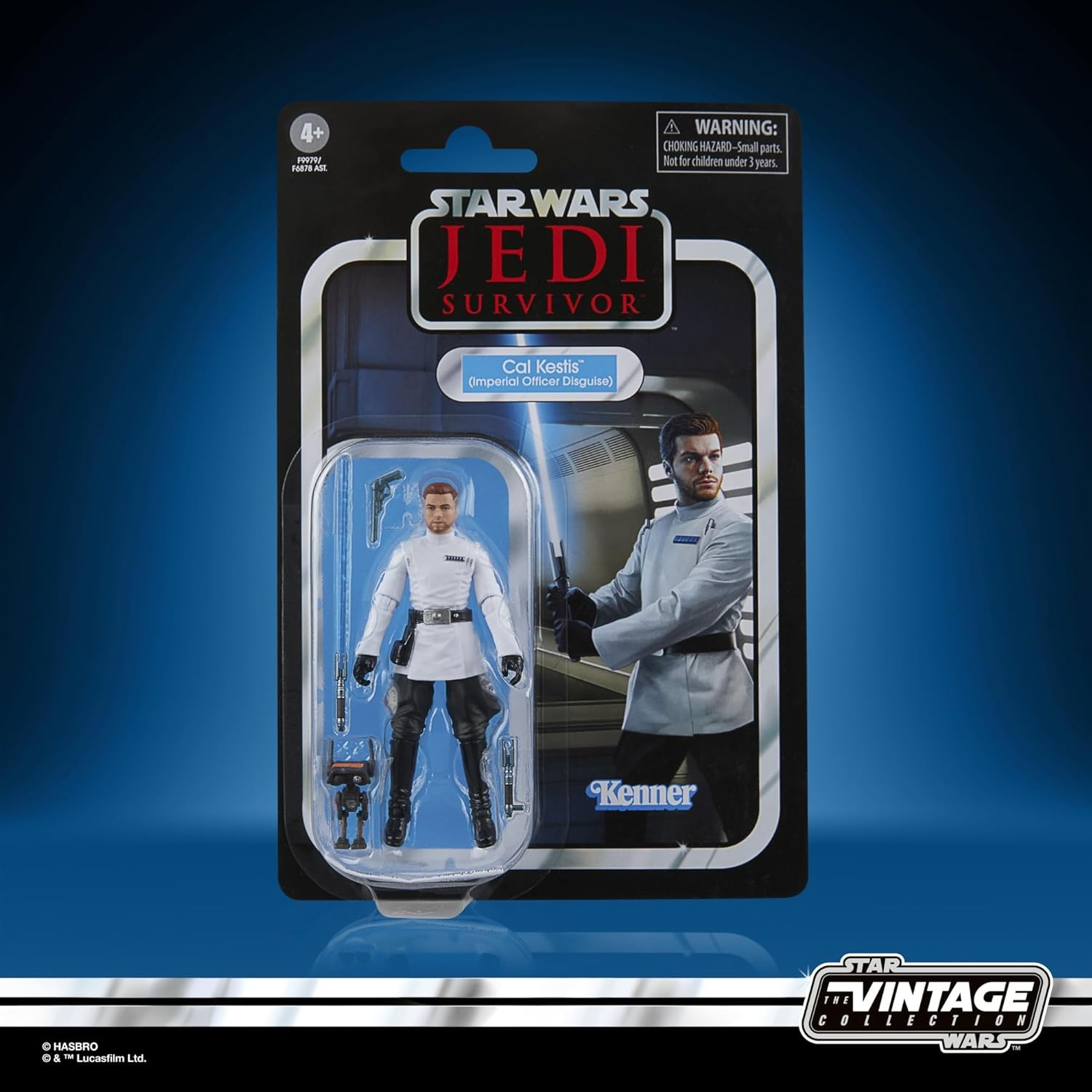 Figura de acción de Cal Kestis de Star Wars Jedi Survivor con disfraz de oficial imperial en blíster.