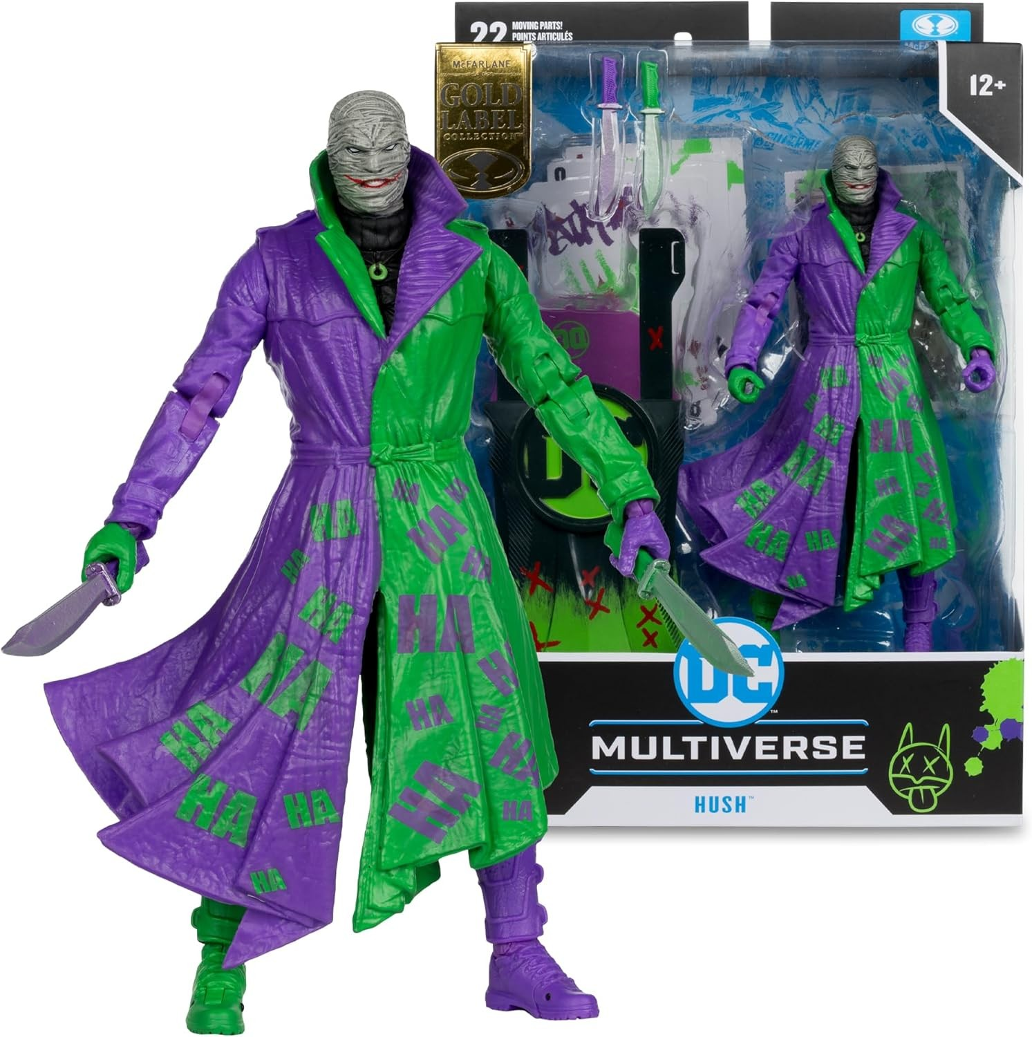 Figura de acción Hush de DC Multiverse en su caja, con abrigo verde y morado y dagas.