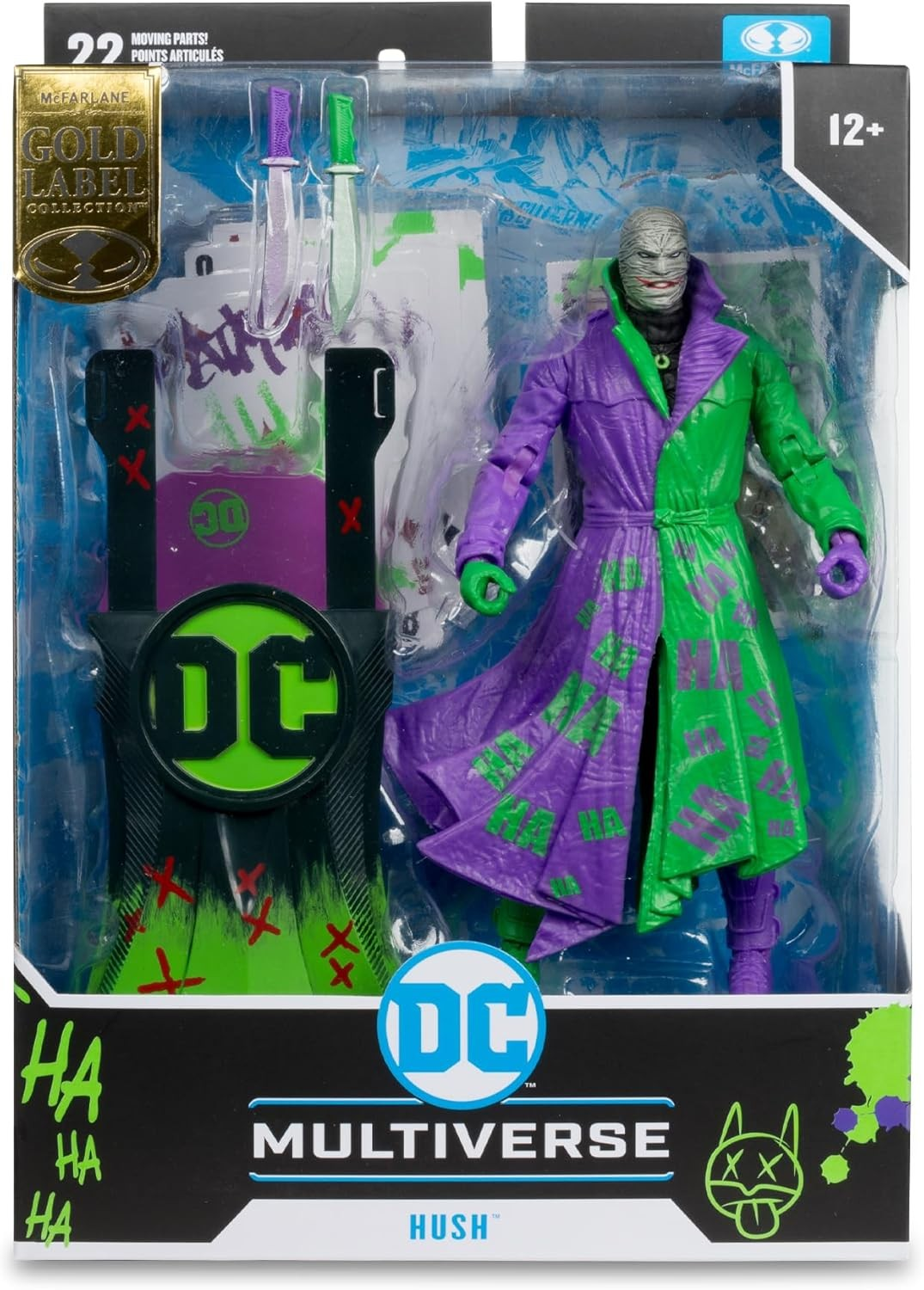 Figura de acción DC Multiverse Hush en su caja con abrigo morado y verde, cara vendada y accesorios.