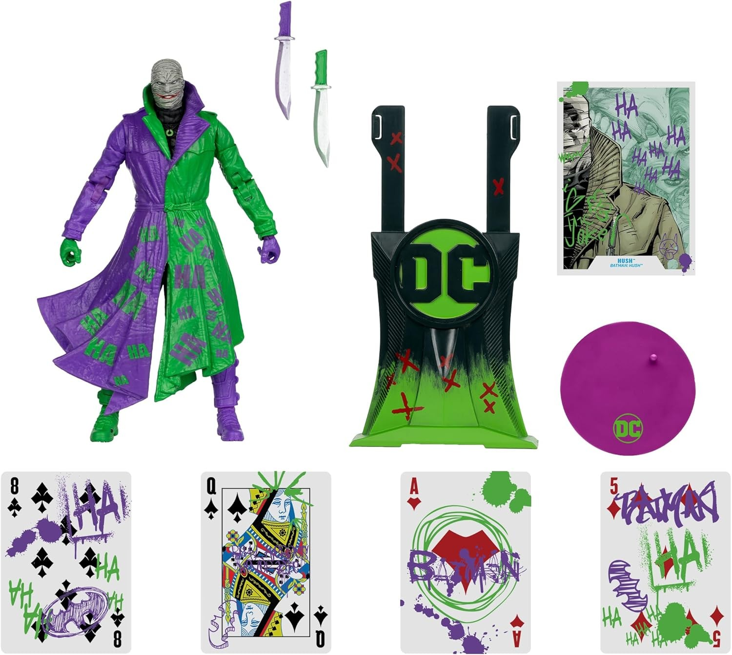 Figura de acción con abrigo verde y morado, cuchillos, soporte, tarjeta de arte y naipes decorados.