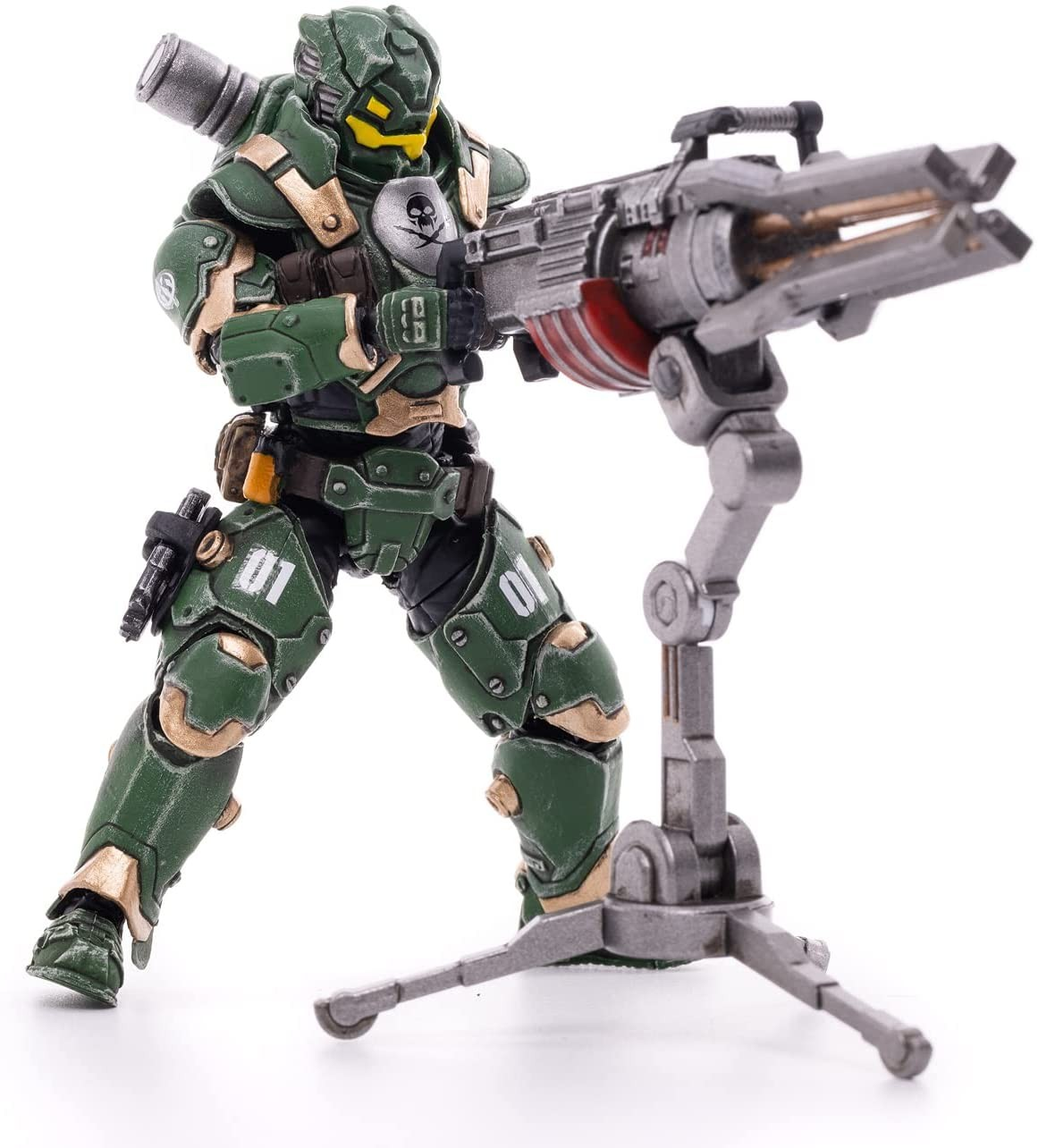 Figura de acción de soldado de ciencia ficción verde con armadura operando una ametralladora pesada.