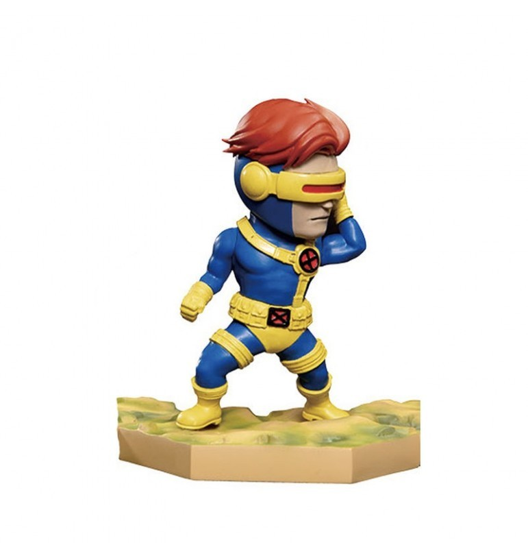 Una pequeña figura de Cíclope en traje azul y amarillo con cabello rojo sobre una base.