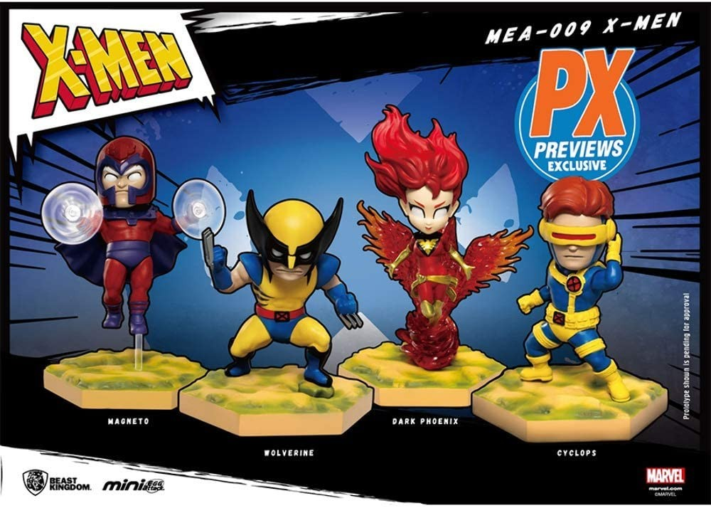 Cuatro minifiguras de X-Men: Magneto, Wolverine, Dark Phoenix y Cyclops en soportes hexagonales sobre fondo azul.