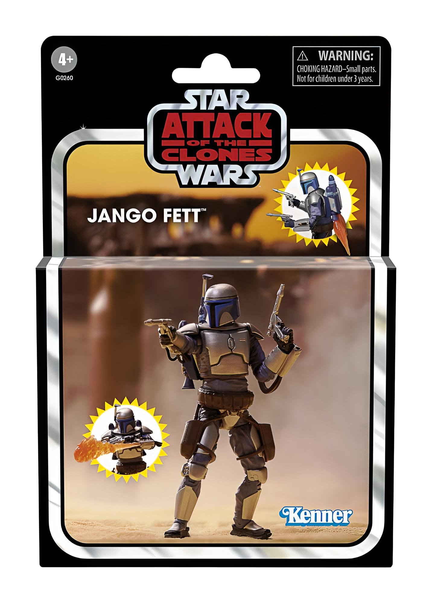 Figura de acción de Jango Fett de Star Wars en su empaque con dos blásteres.