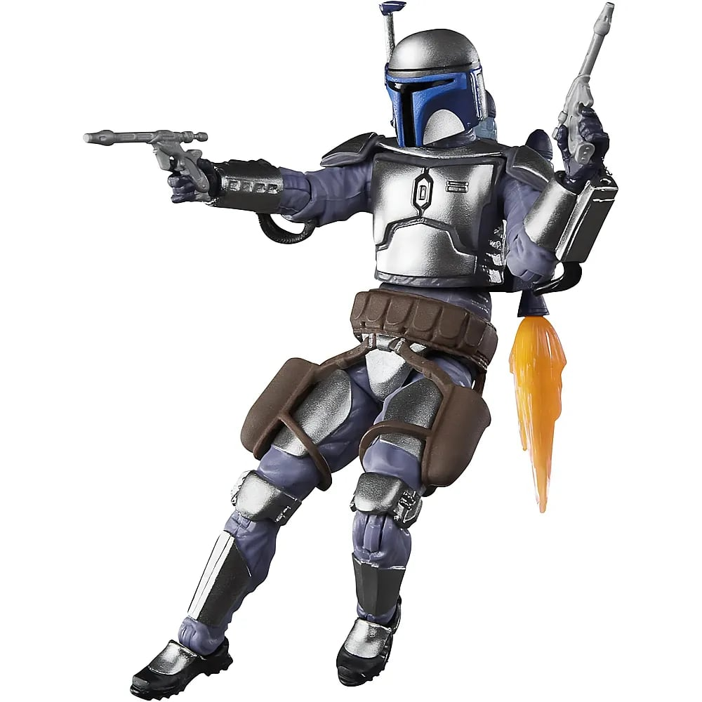 Figura de acción de Jango Fett con armadura azul, sosteniendo dos blásters y un propulsor con fuego.