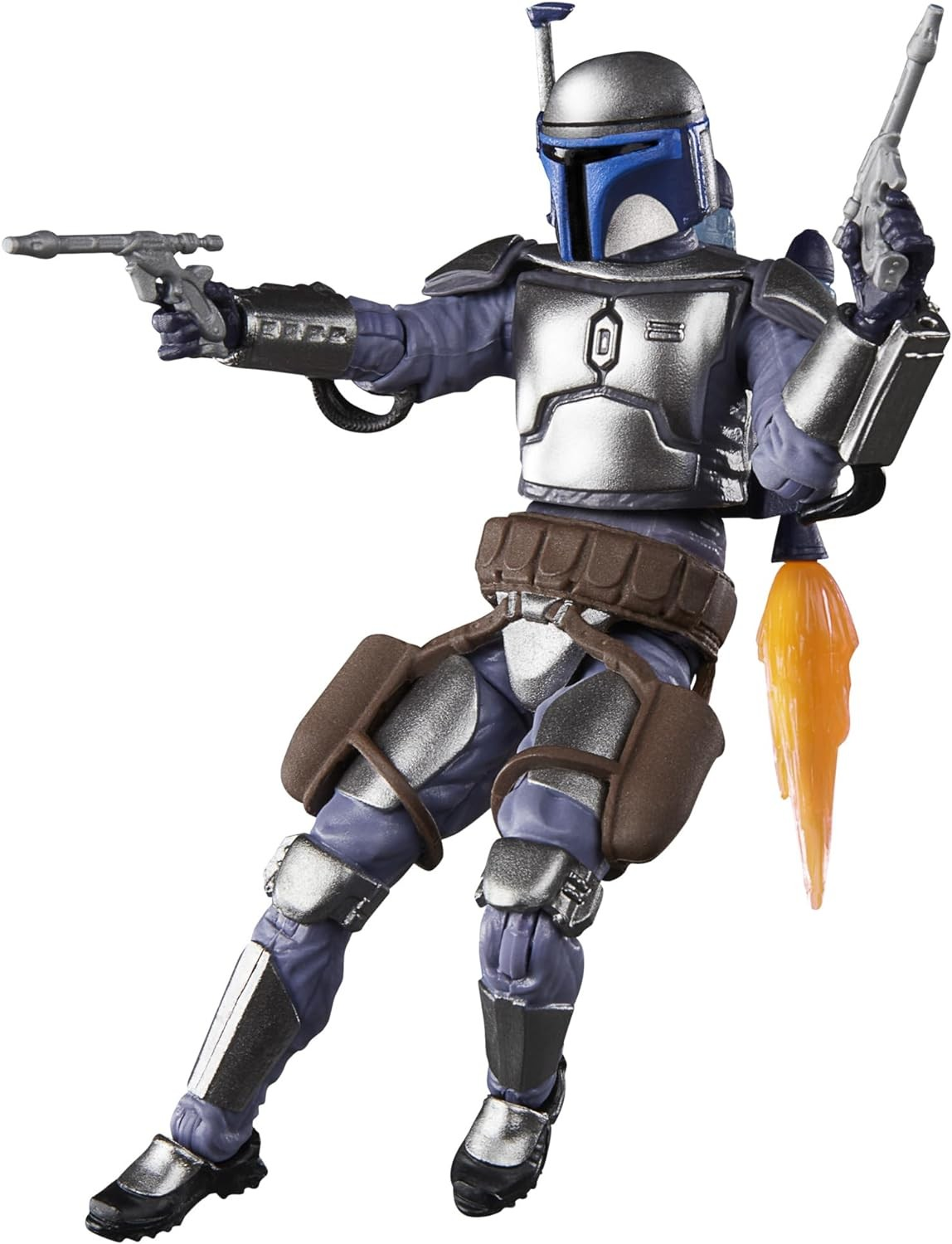 Figura de acción con armadura azul, propulsor y dos blásteres.