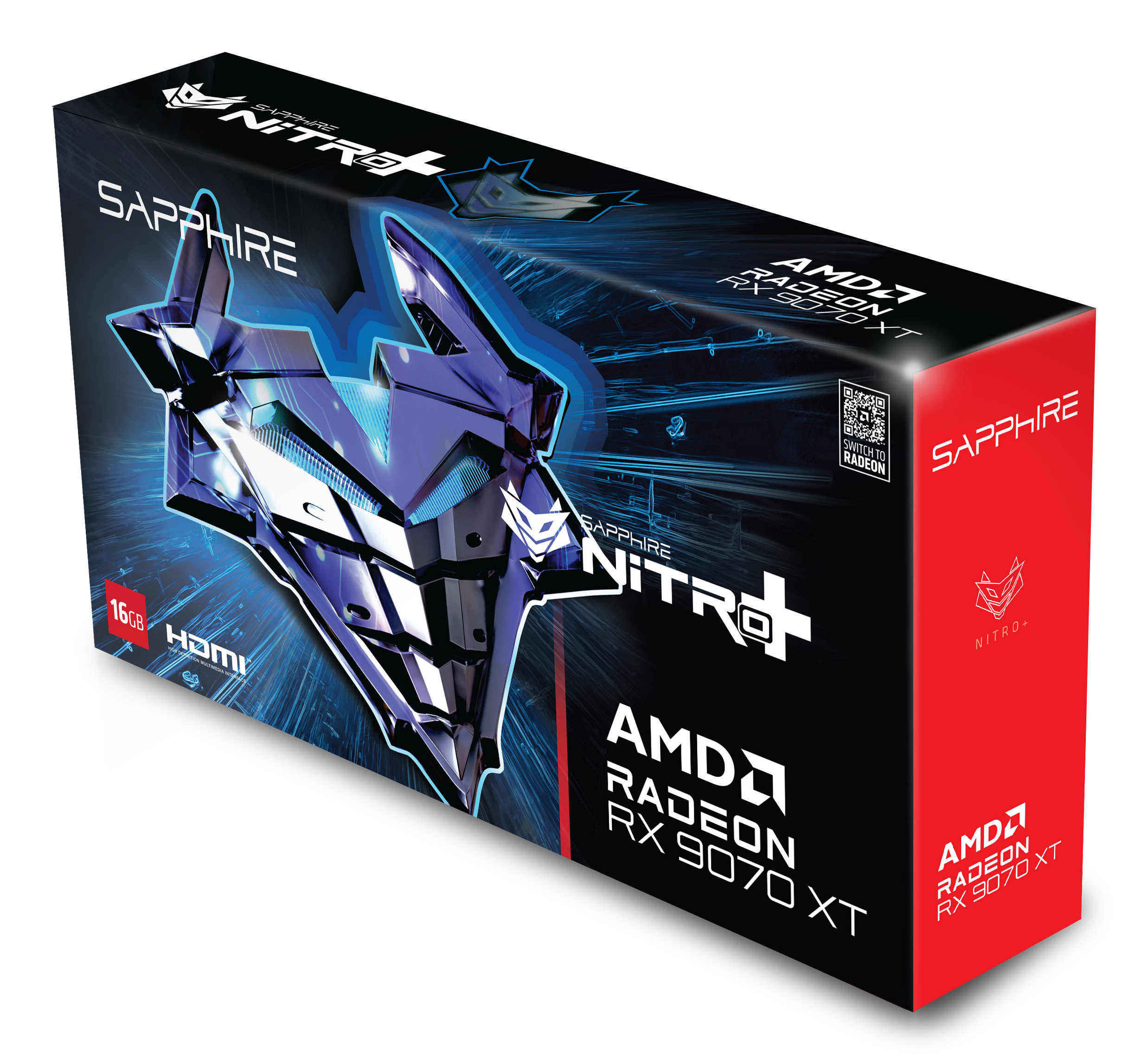 Verpackung der Sapphire Nitro+ AMD Radeon RX 9070 XT Grafikkarte in Schwarz und Rot mit blauer Roboter-Grafik.