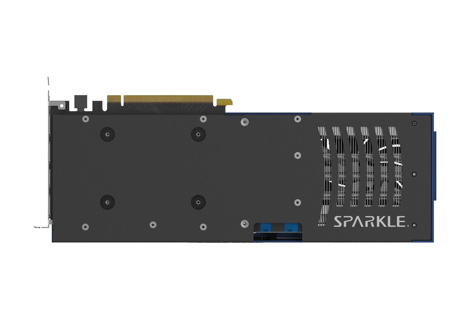 Black Sparkle graphics card with blue accents and ventilation slits on a white background.