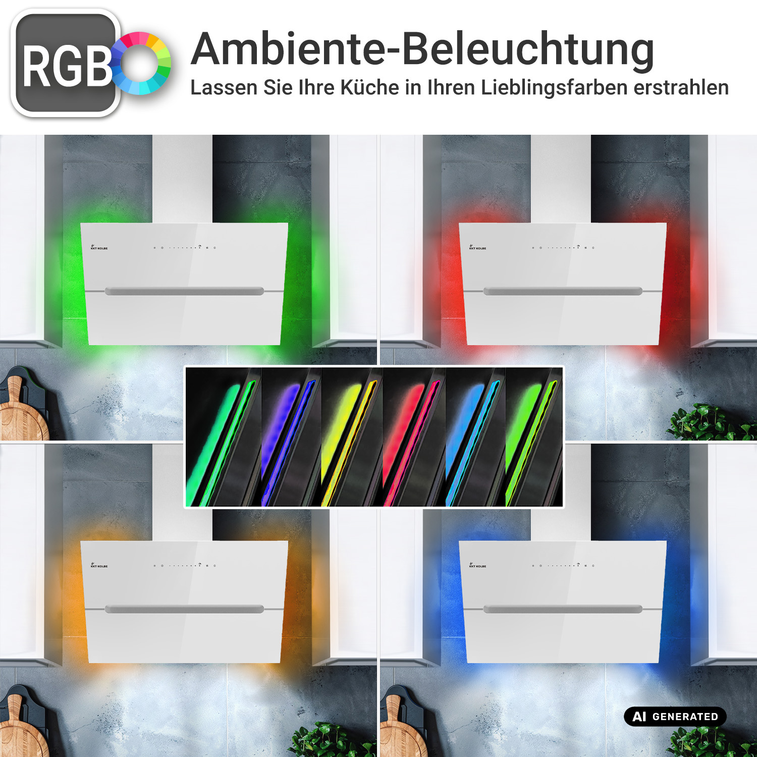 Cappa da cucina bianca con varie opzioni di illuminazione ambientale RGB.