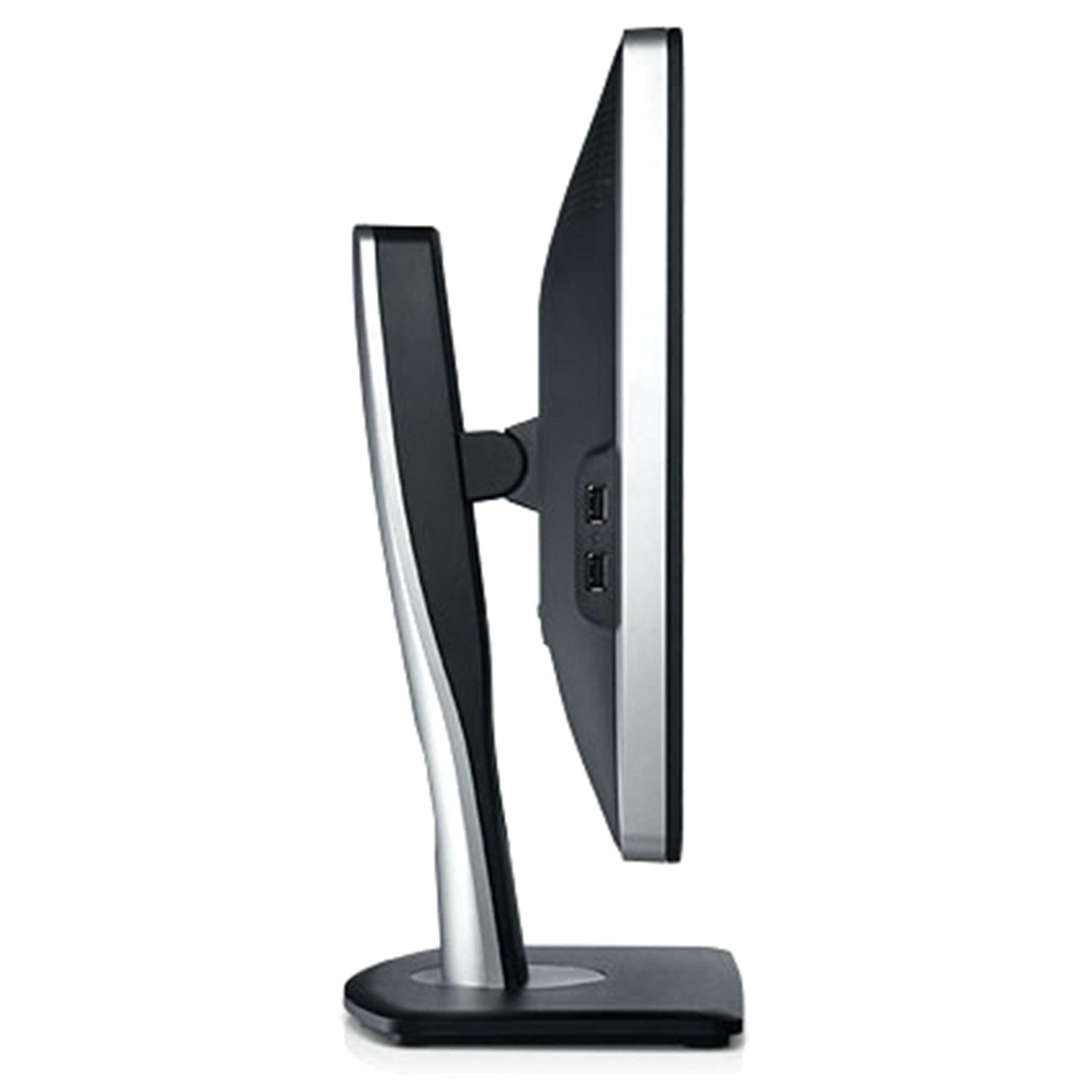 Seitenansicht eines modernen Monitors in Schwarz und Silber mit USB-Anschlüssen auf der Rückseite.