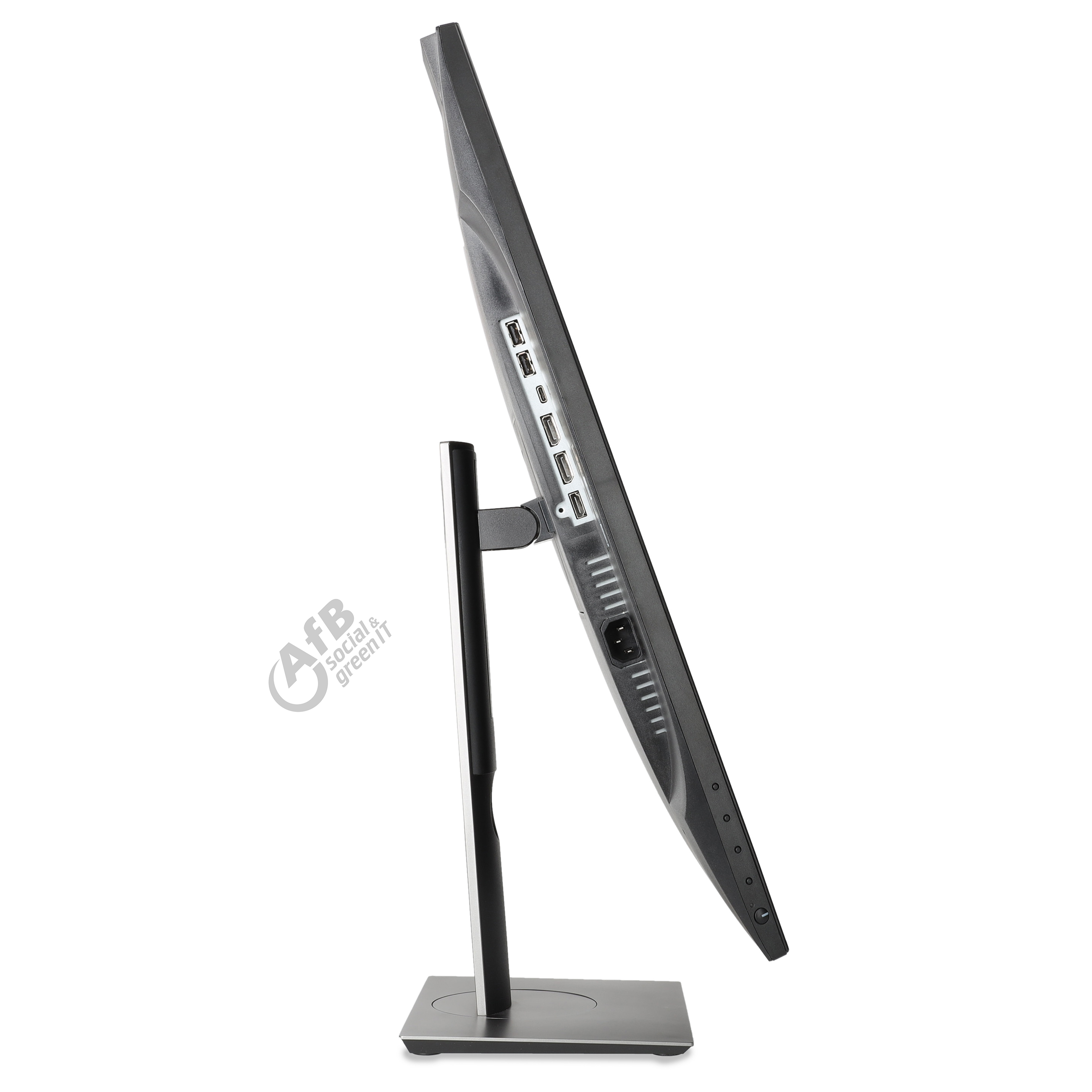 Seitenansicht eines schwarzen Monitors mit Standfuß, Anschlüssen und Firmenlogo auf weißem Grund.