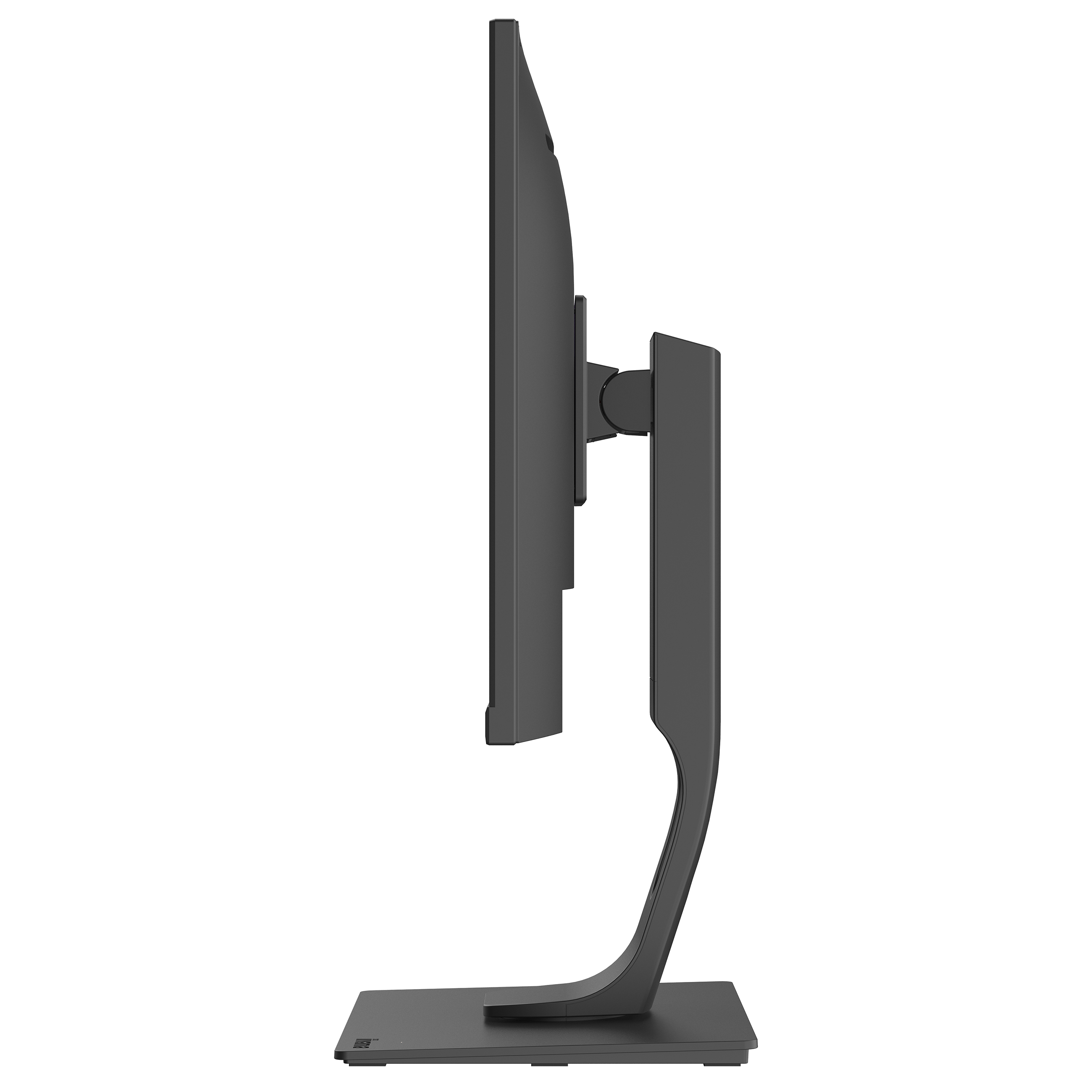 Seitenansicht eines modernen schwarzen Monitors mit verstellbarem Standfuß auf hellem Hintergrund.