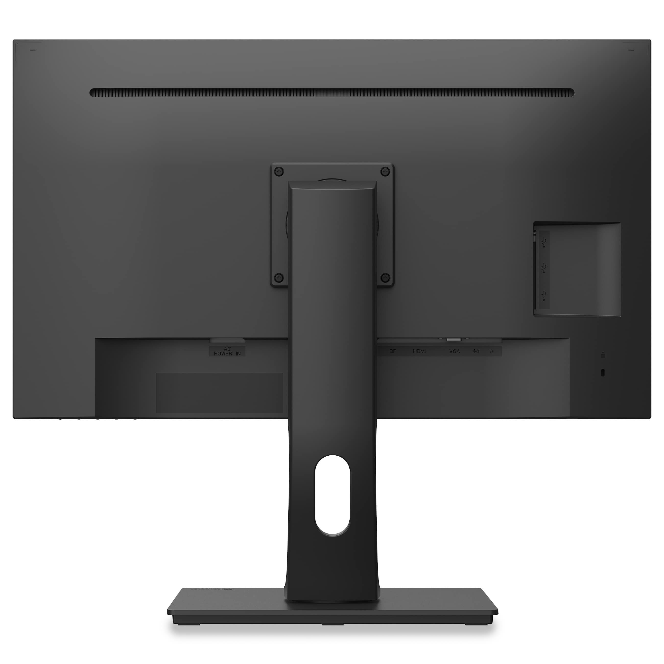 Rückansicht eines schwarzen Monitors mit Ständer, Anschlüssen und rechteckigem Fuß.