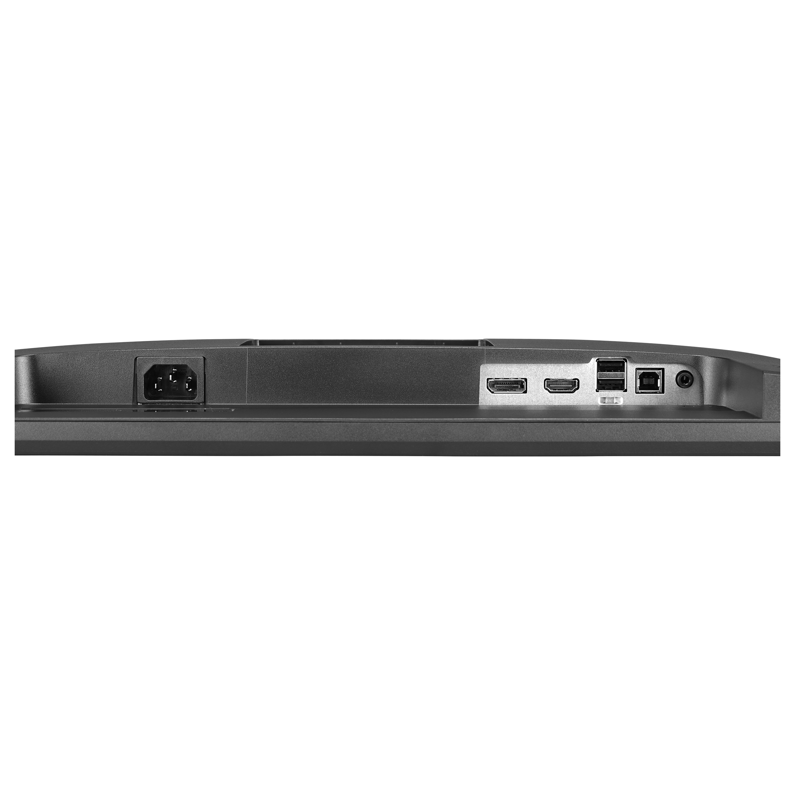 Rückseite eines schwarzen Monitors mit Stromanschluss, DisplayPort, HDMI, USB und Audio-Anschlüssen.