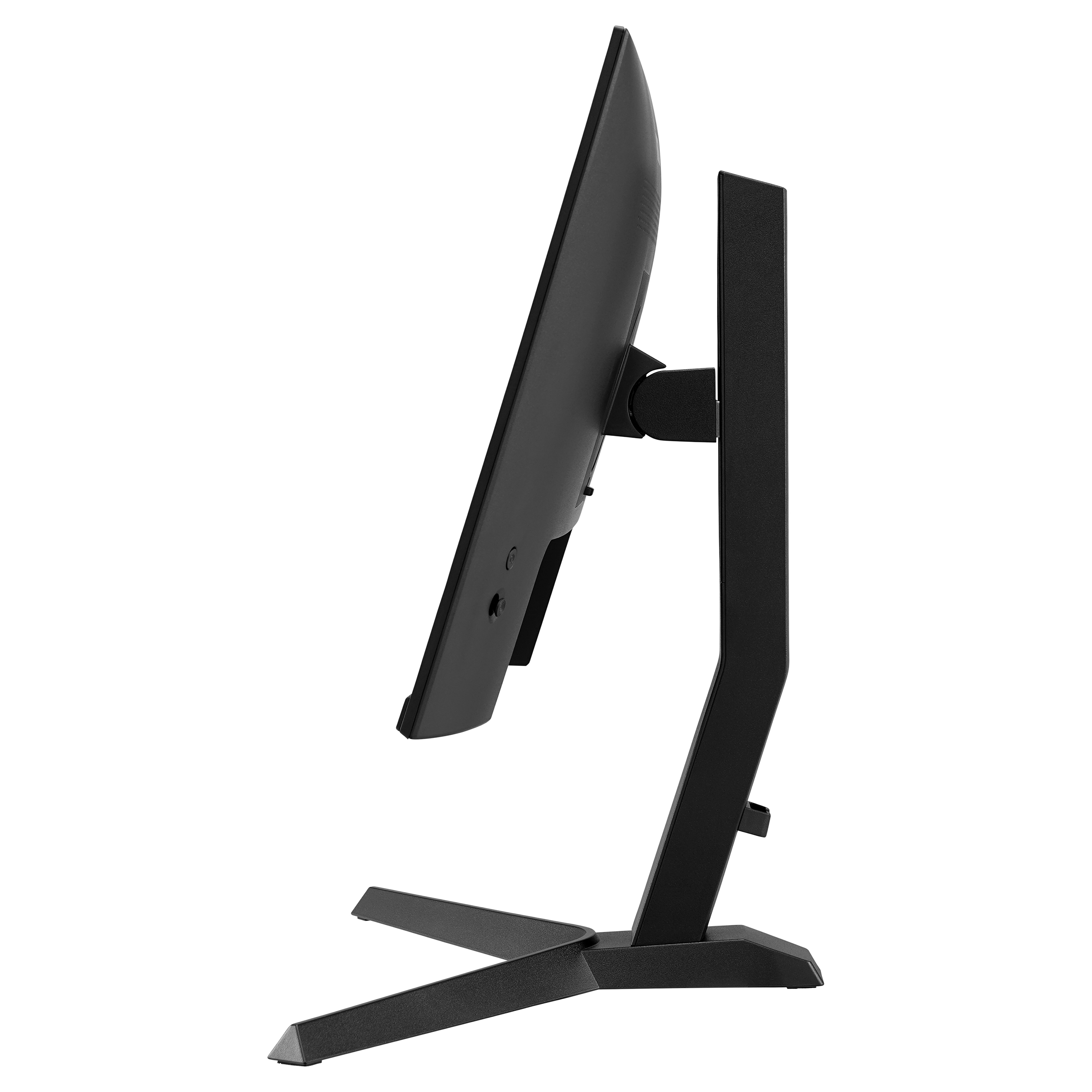 Seitenansicht eines schwarzen Computermonitors auf einem Standfuß vor weißem Hintergrund.