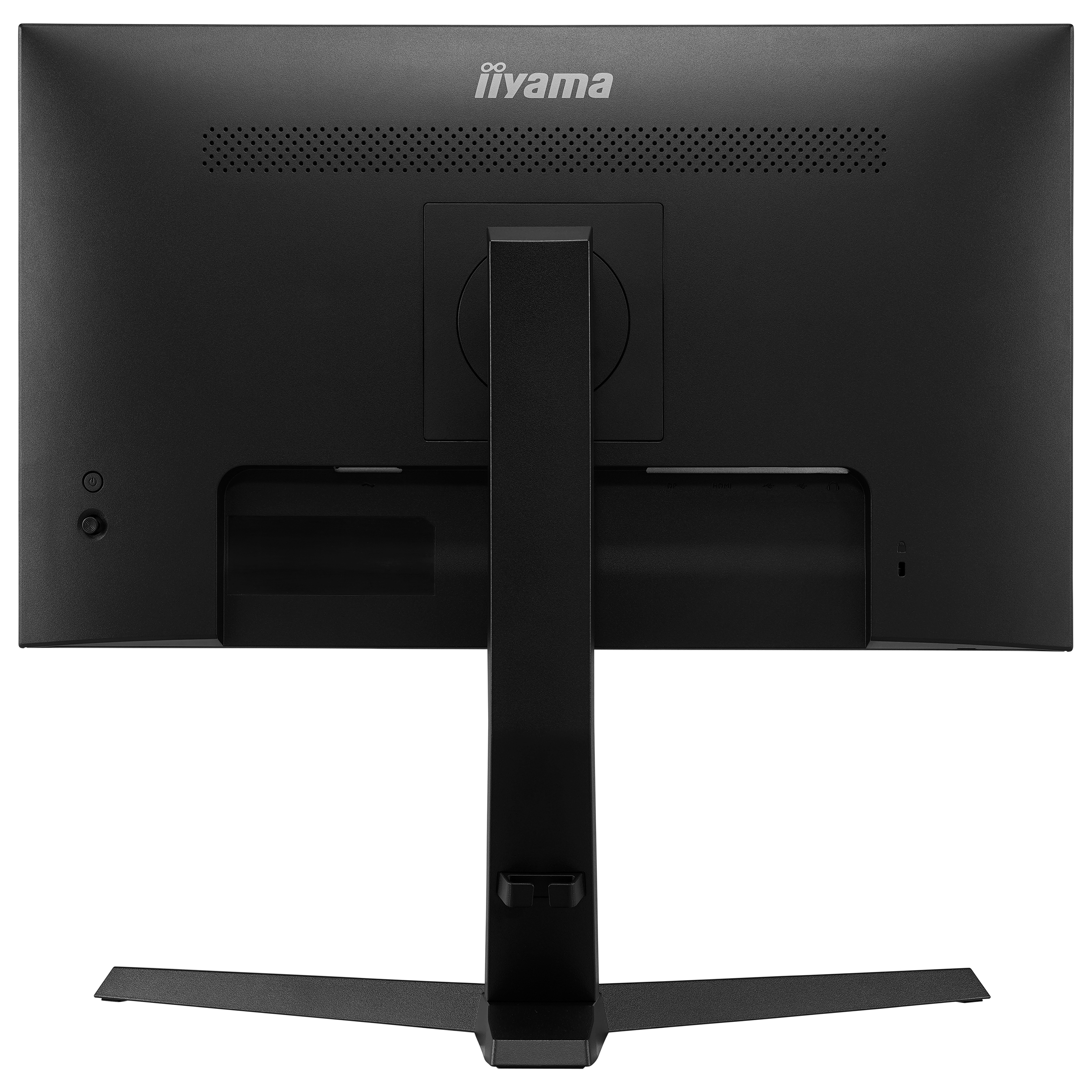 Rückseite eines schwarzen iiyama Monitors mit verstellbarem Standfuß und VESA-Halterung.