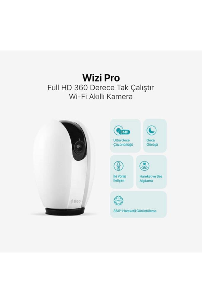 Gece görüşü ve çift yönlü ses gibi özelliklere sahip Wizi Pro Full HD 360 Derece Wi-Fi Akıllı Kamera.