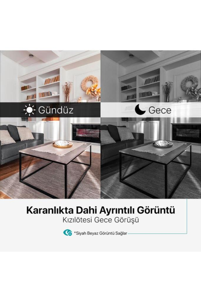Gündüz ve kızılötesi gece görüşünü gösteren iki oturma odası görseli kıyaslaması.