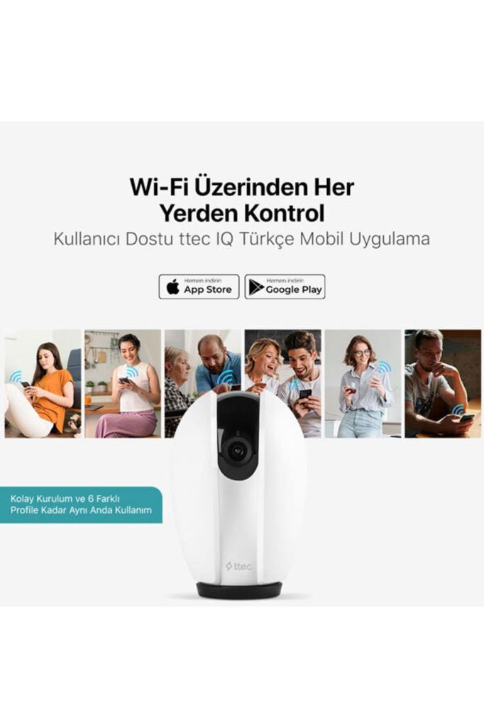 Beyaz bir güvenlik kamerası, uygulama kontrolü için telefon kullanan kişilerin görselleri önünde duruyor.
