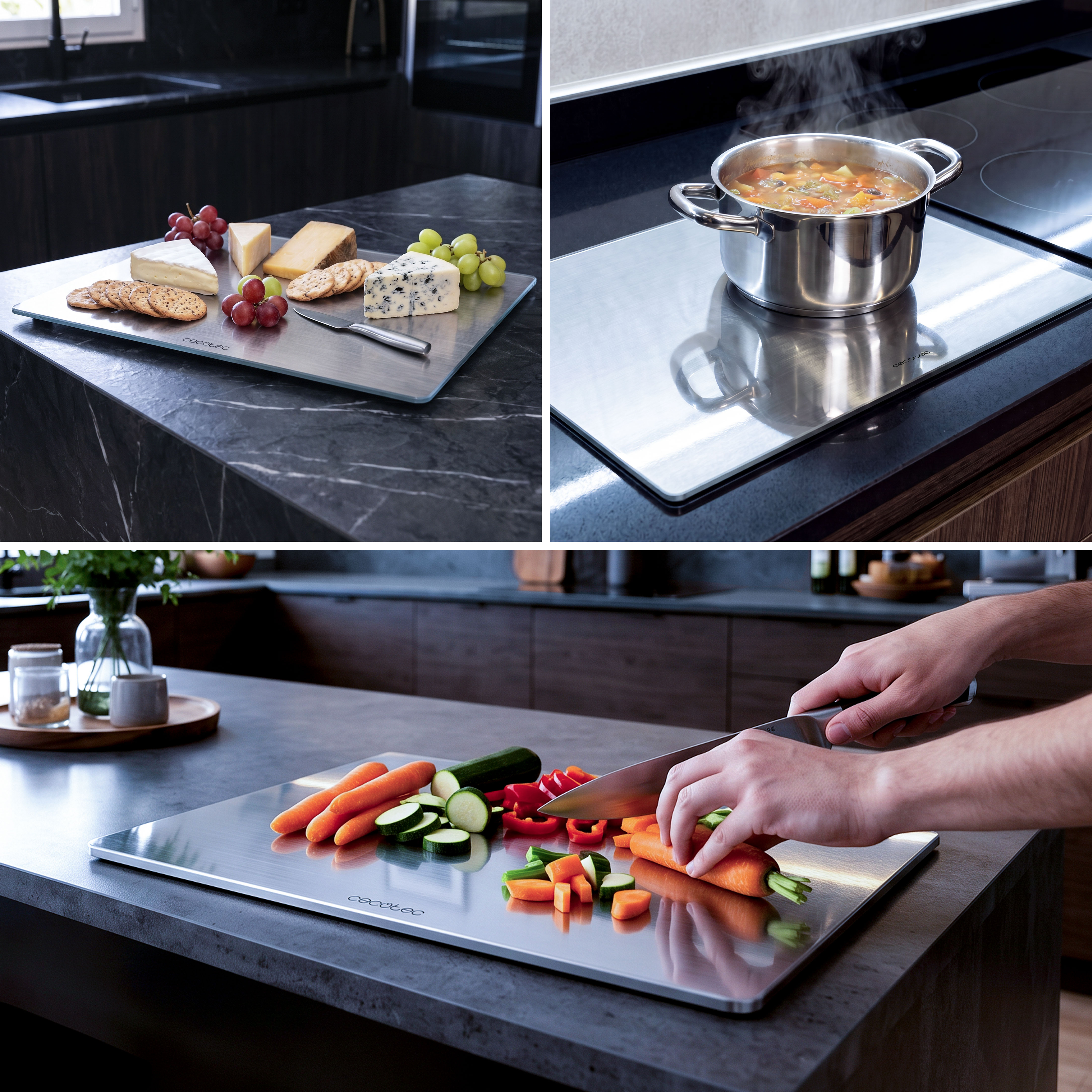 Tabla de cocina de acero inoxidable para preparar comida, servir queso y hervir sopa en una cocina moderna.