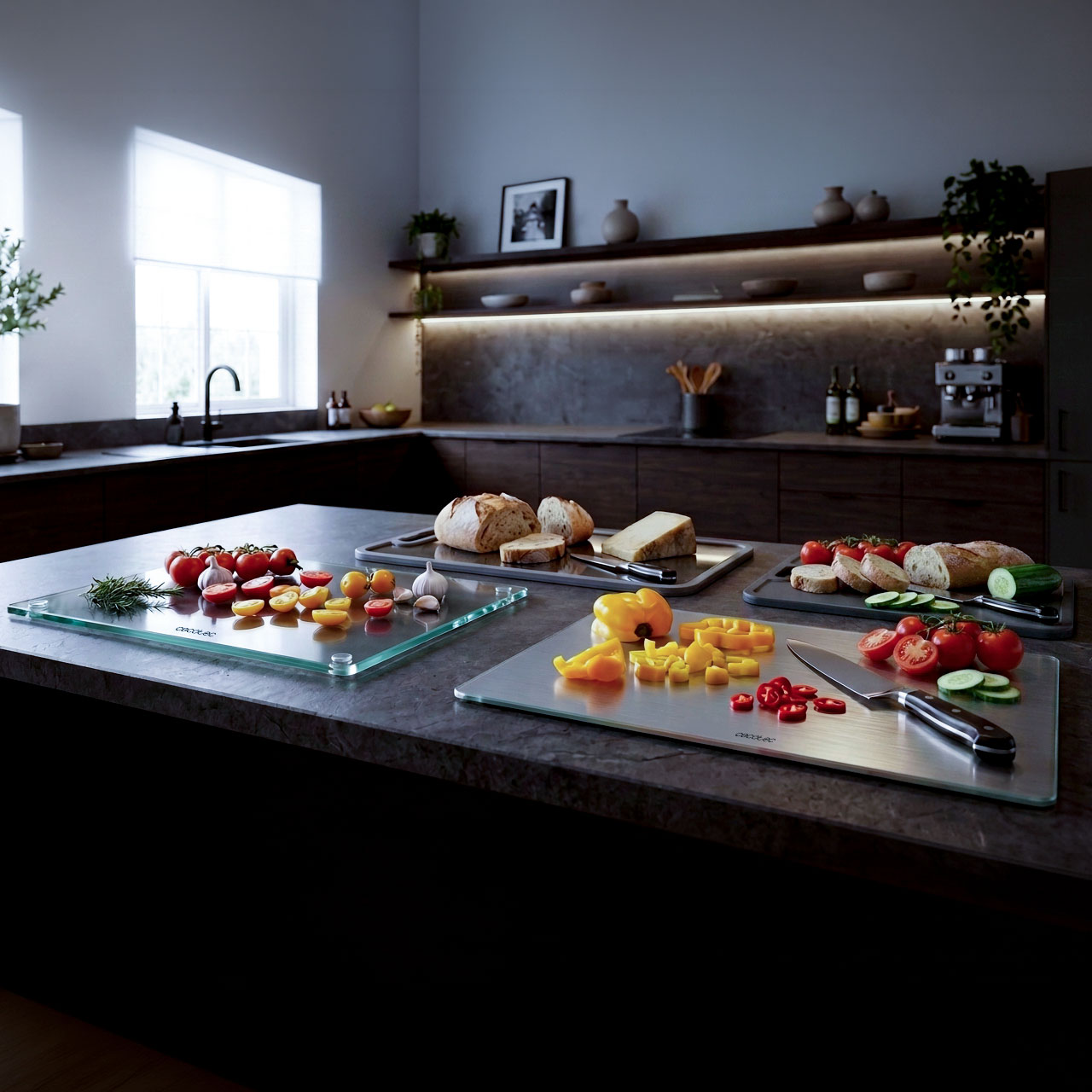 Cocina moderna con tablas de cortar, pan, verduras frescas y cuchillos en una isla gris.