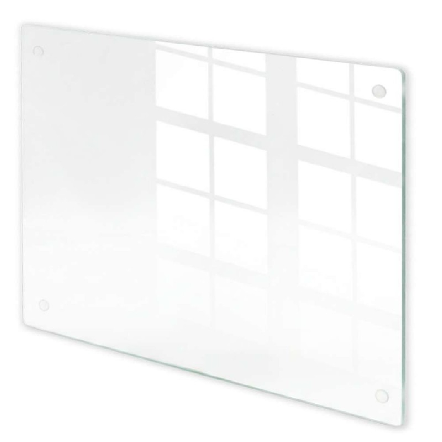 Un tablero de cristal rectangular con cuatro puntos de fijación redondos en las esquinas sobre fondo blanco.