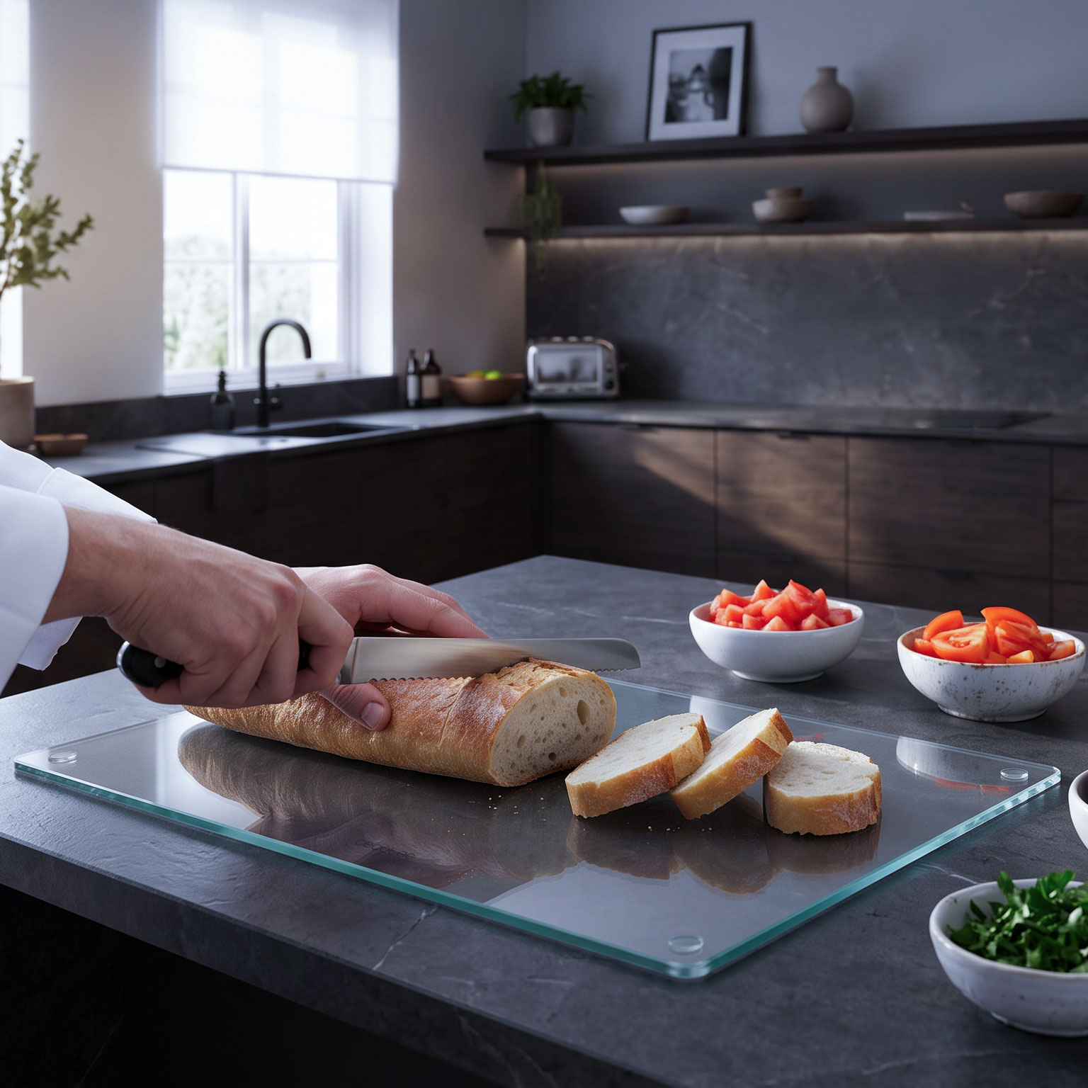 Un chef corta pan en una tabla de cristal en una cocina moderna con cuencos de tomates.