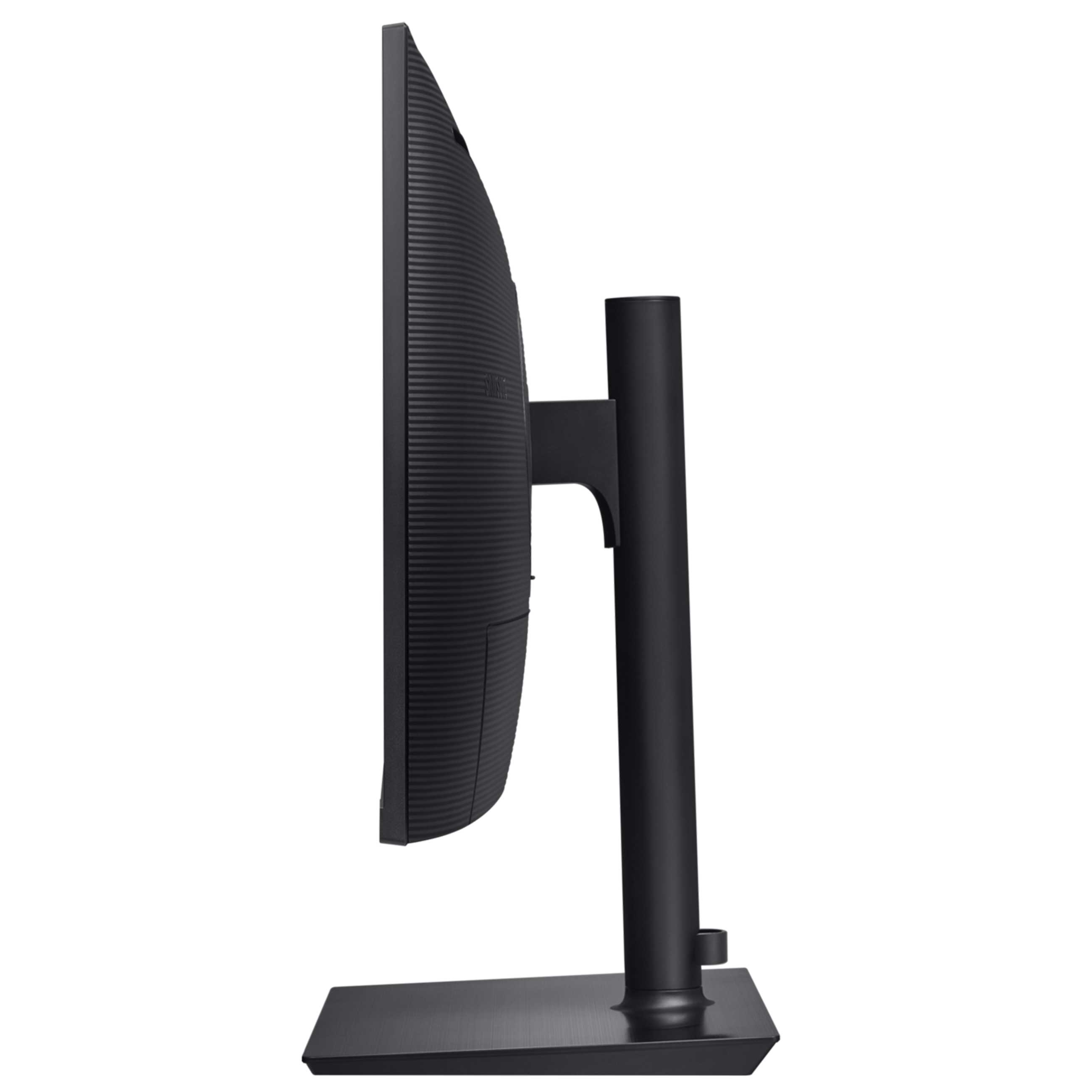 Seitenansicht eines schwarzen Computerbildschirms auf einem Ständer vor weißem Hintergrund.