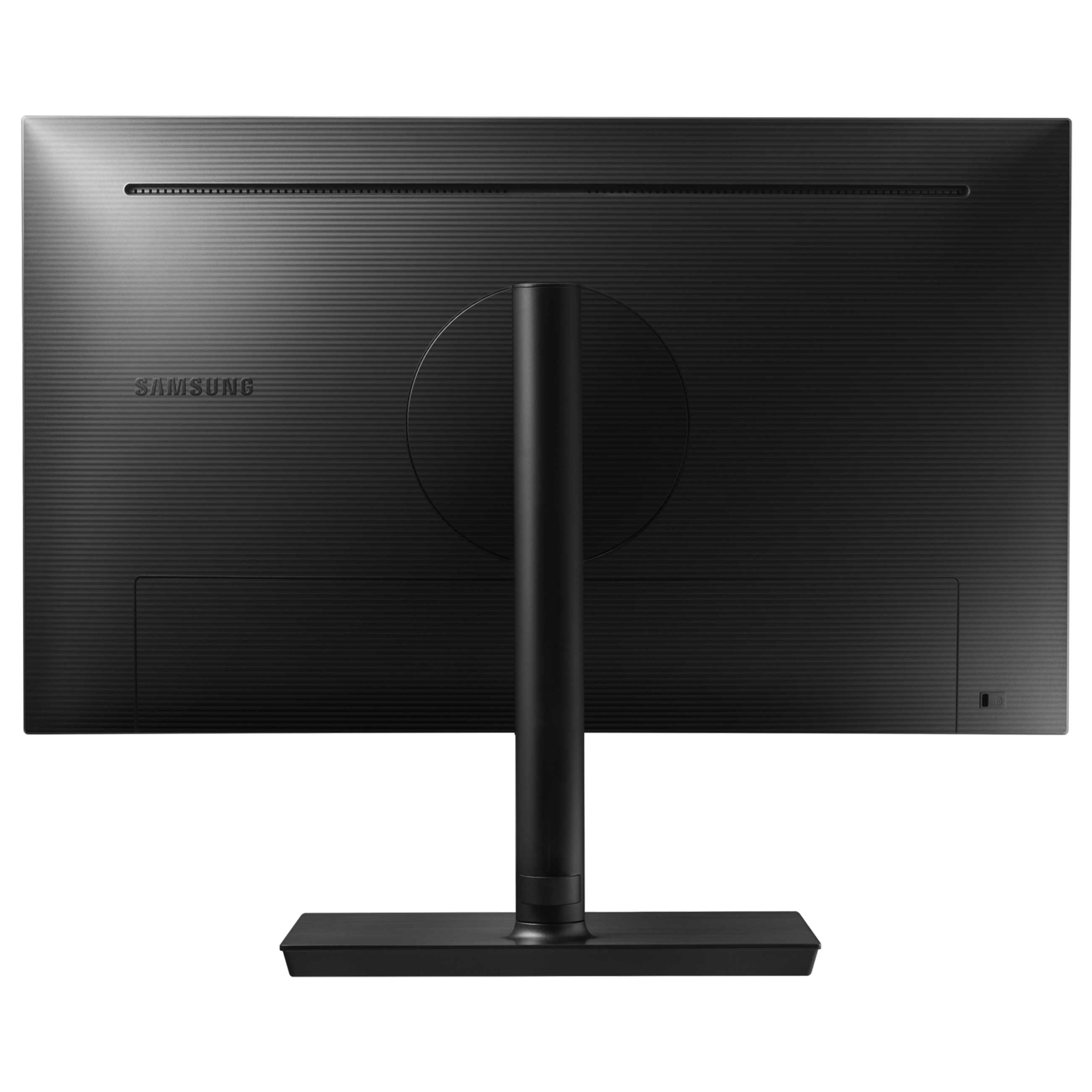 Rückseite eines schwarzen Samsung Monitors mit vertikalem Standfuß auf weißem Hintergrund.