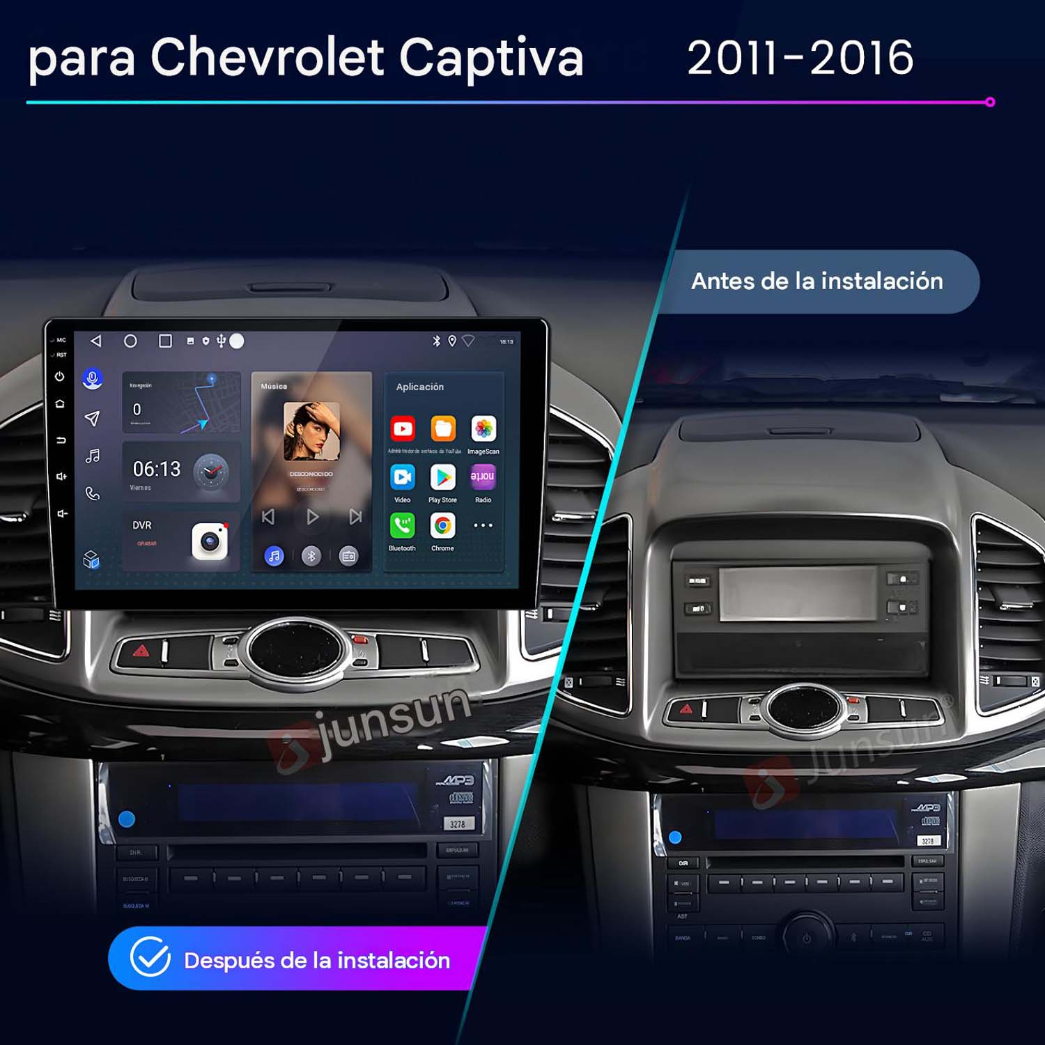 Antes y después de instalar una nueva pantalla táctil digital en el salpicadero de un Chevrolet Captiva.
