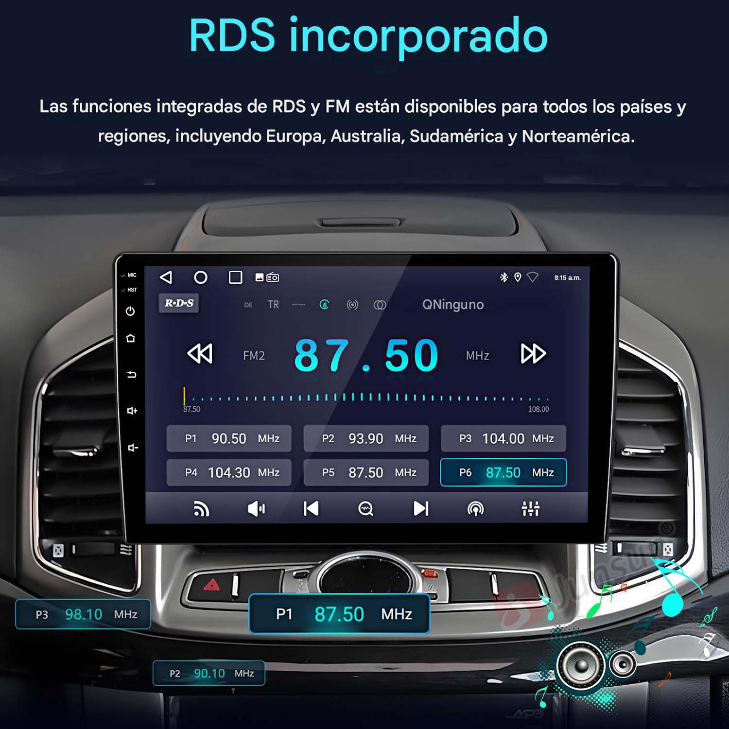 Radio de coche con pantalla táctil y sintonizador FM en un salpicadero.