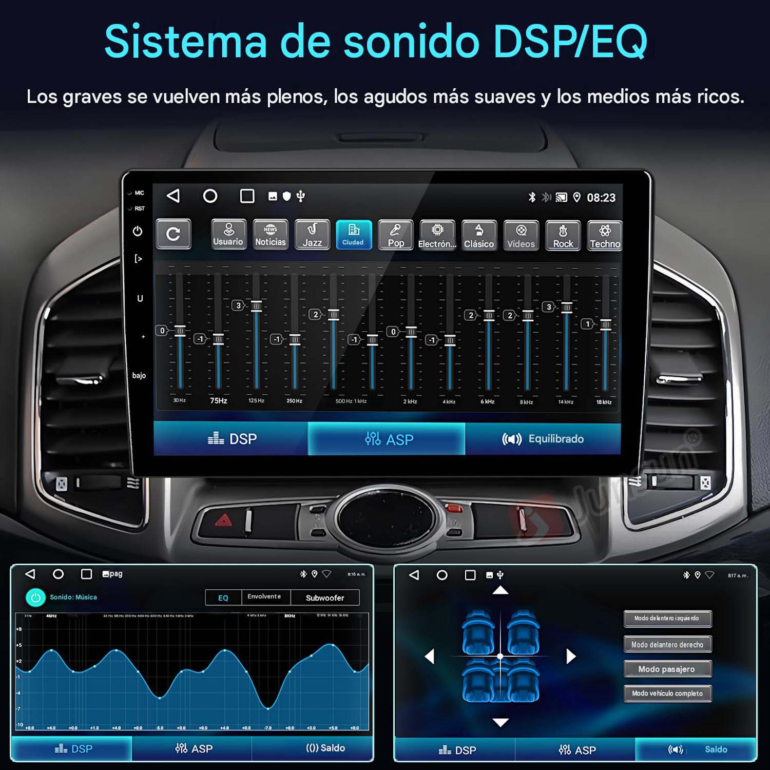 Pantalla táctil de autorradio que muestra una interfaz de ecualizador gráfico.