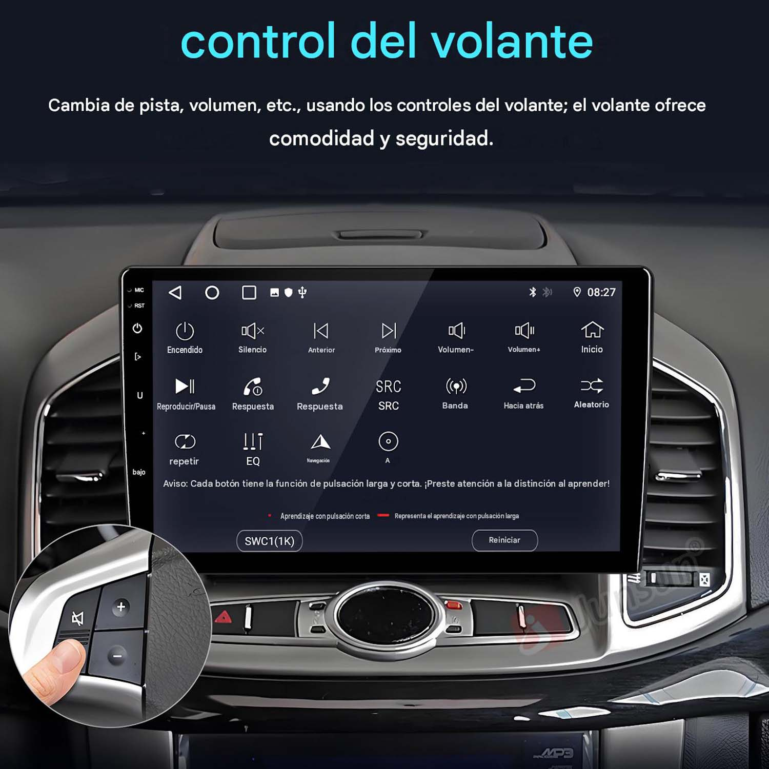 Pantalla de coche con menú de control y detalle de botones.