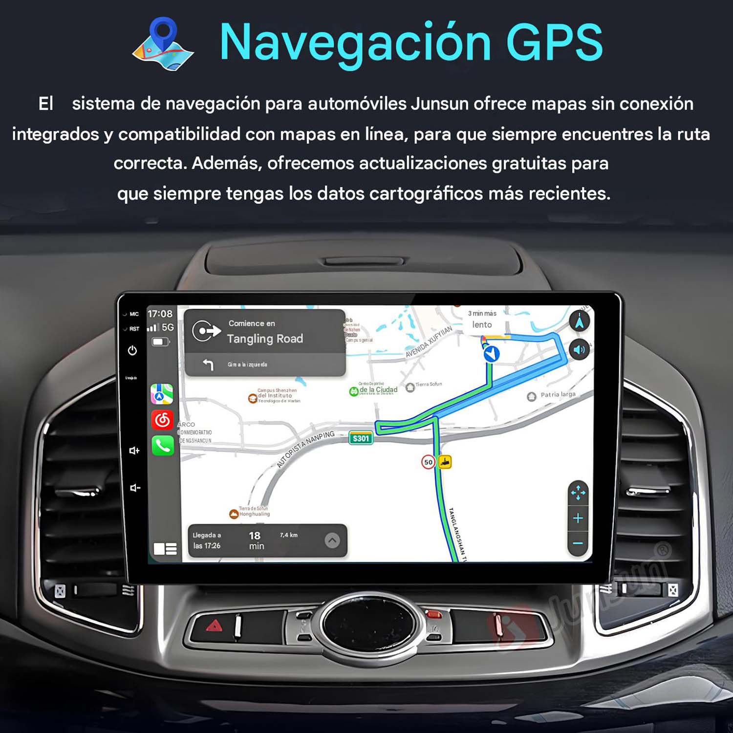 Una pantalla de navegación de coche muestra un mapa digital con una ruta guiada en azul e instrucciones.
