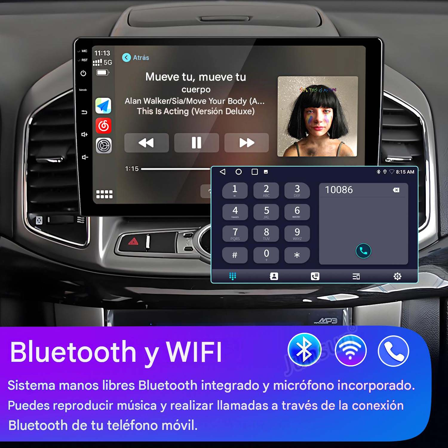 Pantalla de coche con reproductor de música y teclado numérico con iconos de Bluetooth y Wi-Fi.
