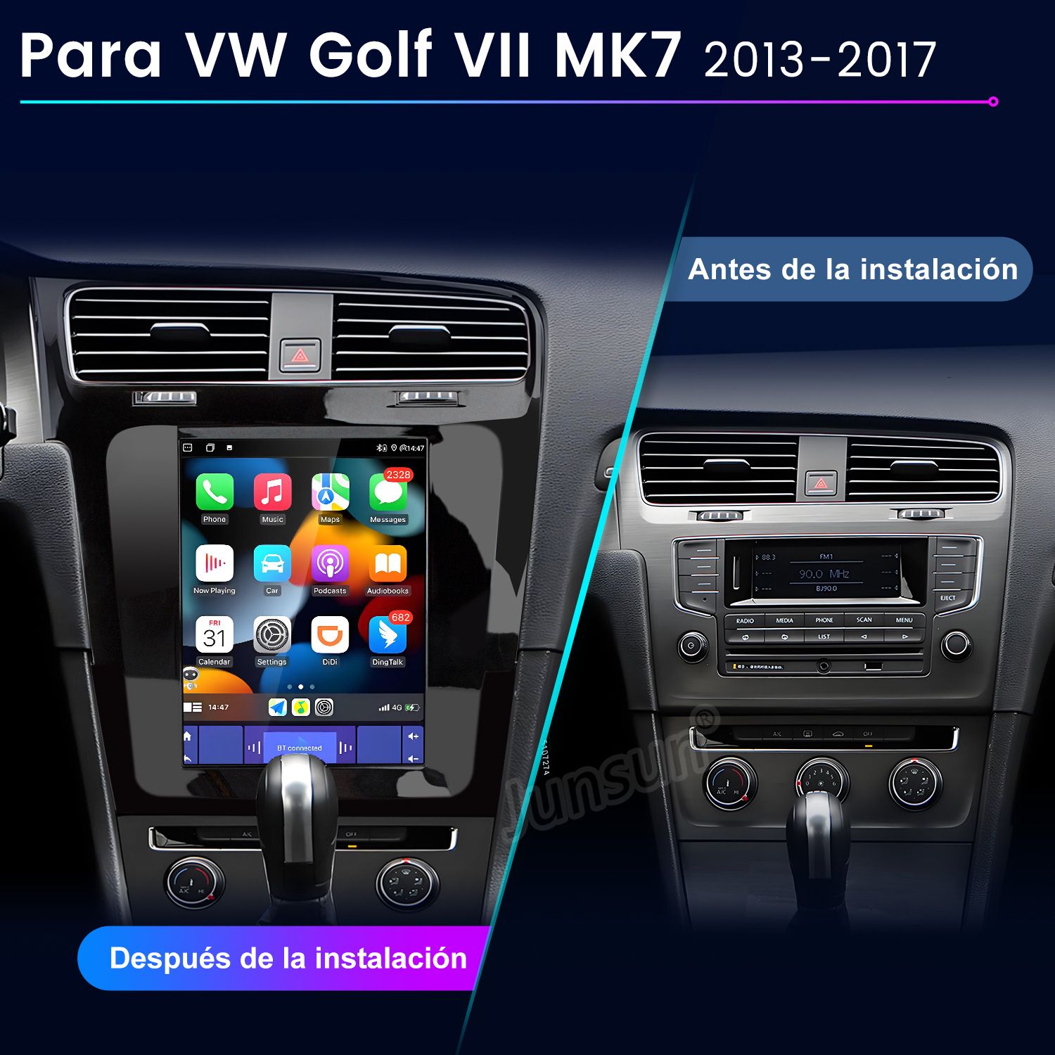 Comparación del salpicadero de un VW Golf MK7 antes y después de instalar una radio táctil grande.