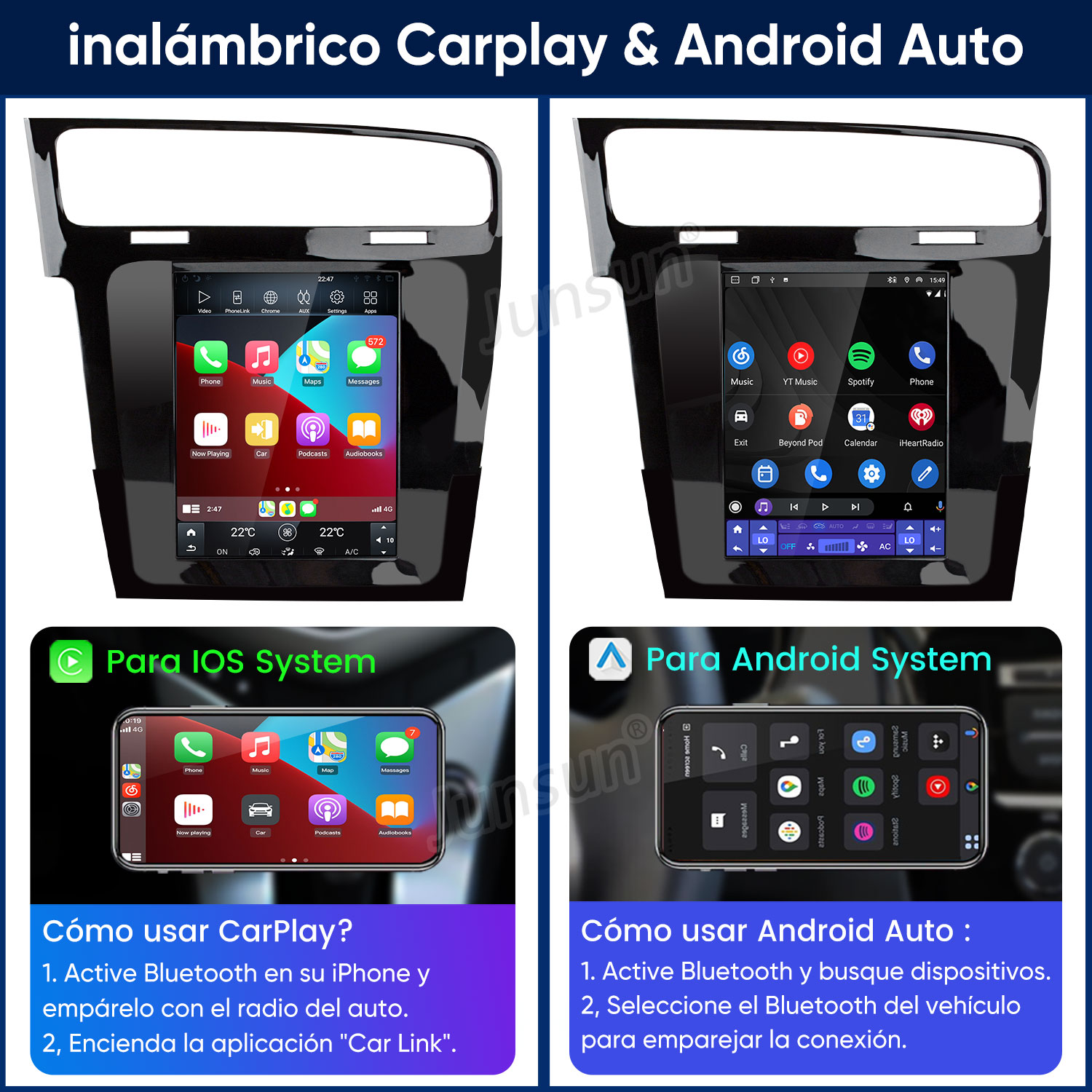 Comparación de CarPlay inalámbrico para iOS y Android Auto en una pantalla táctil.