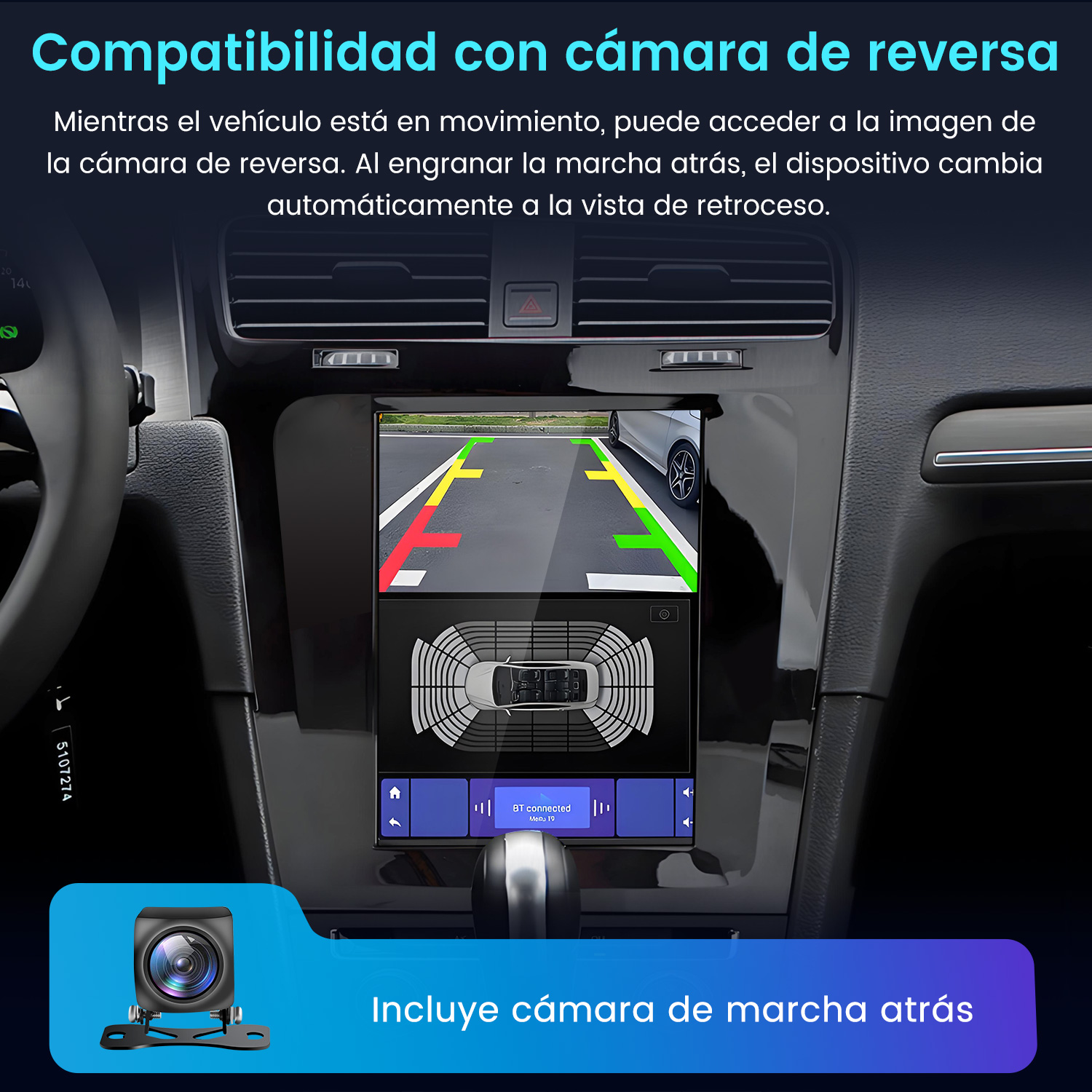 Salpicadero de auto mostrando vista de cámara trasera en gran pantalla táctil.