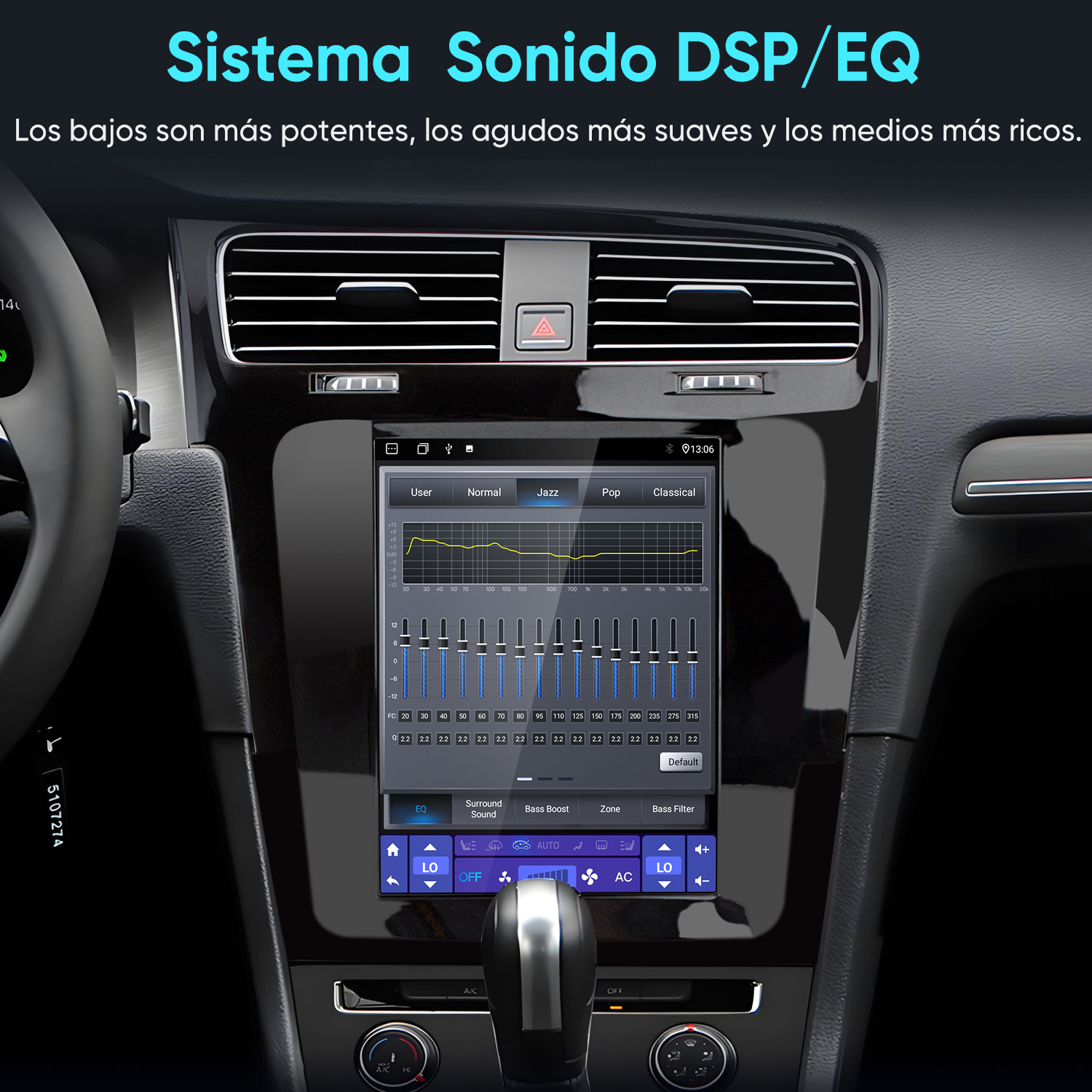 Interior de un auto con una gran pantalla digital en la consola central que muestra la interfaz del ecualizador.