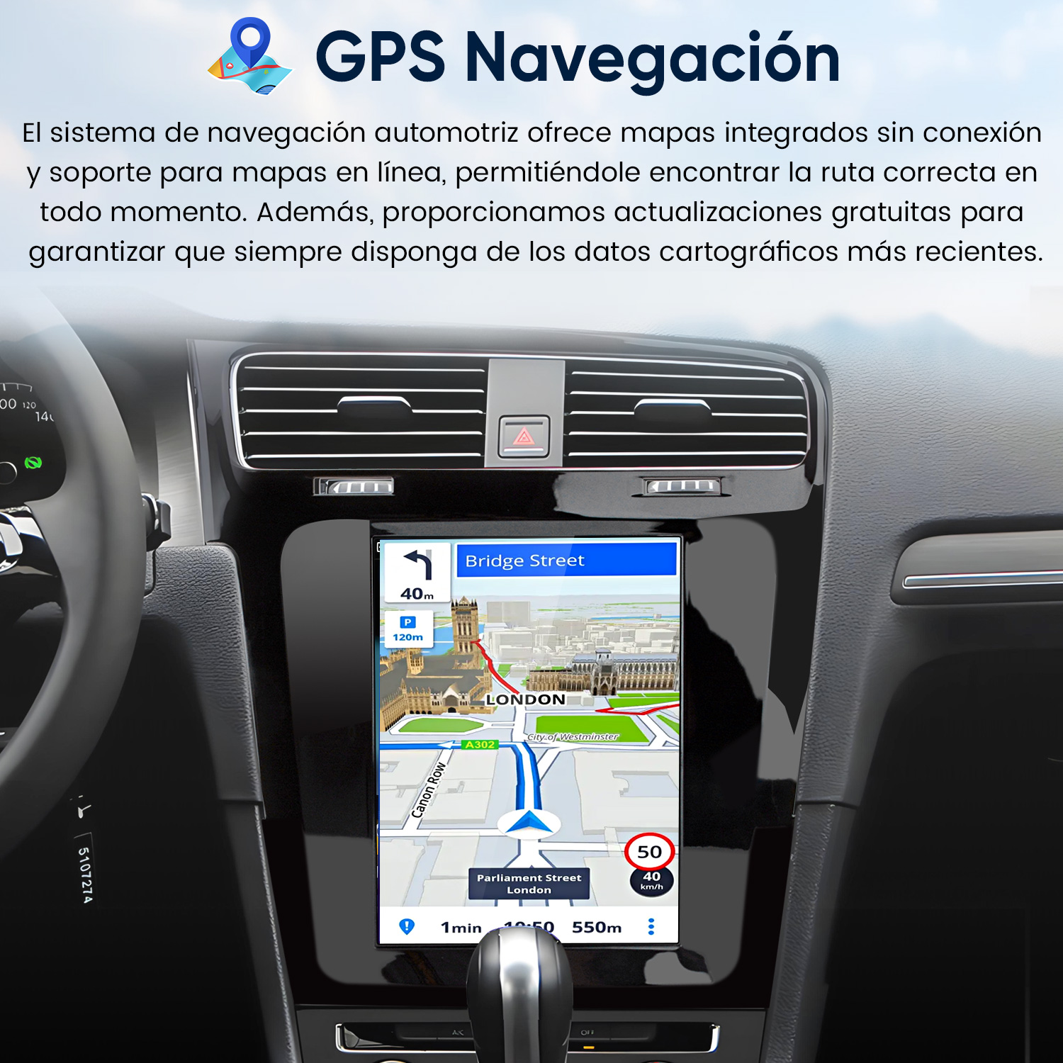 Interior de un auto con una gran pantalla táctil en la consola central que muestra navegación GPS.