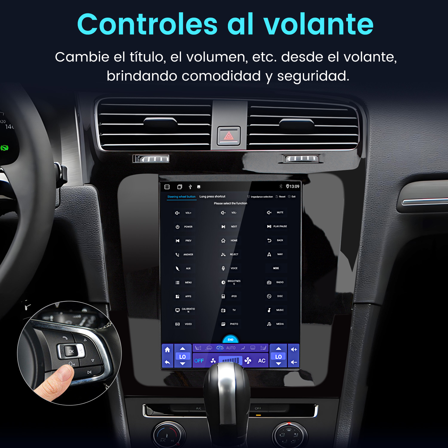 Interior de coche con pantalla táctil grande y detalle de controles al volante para mayor comodidad.