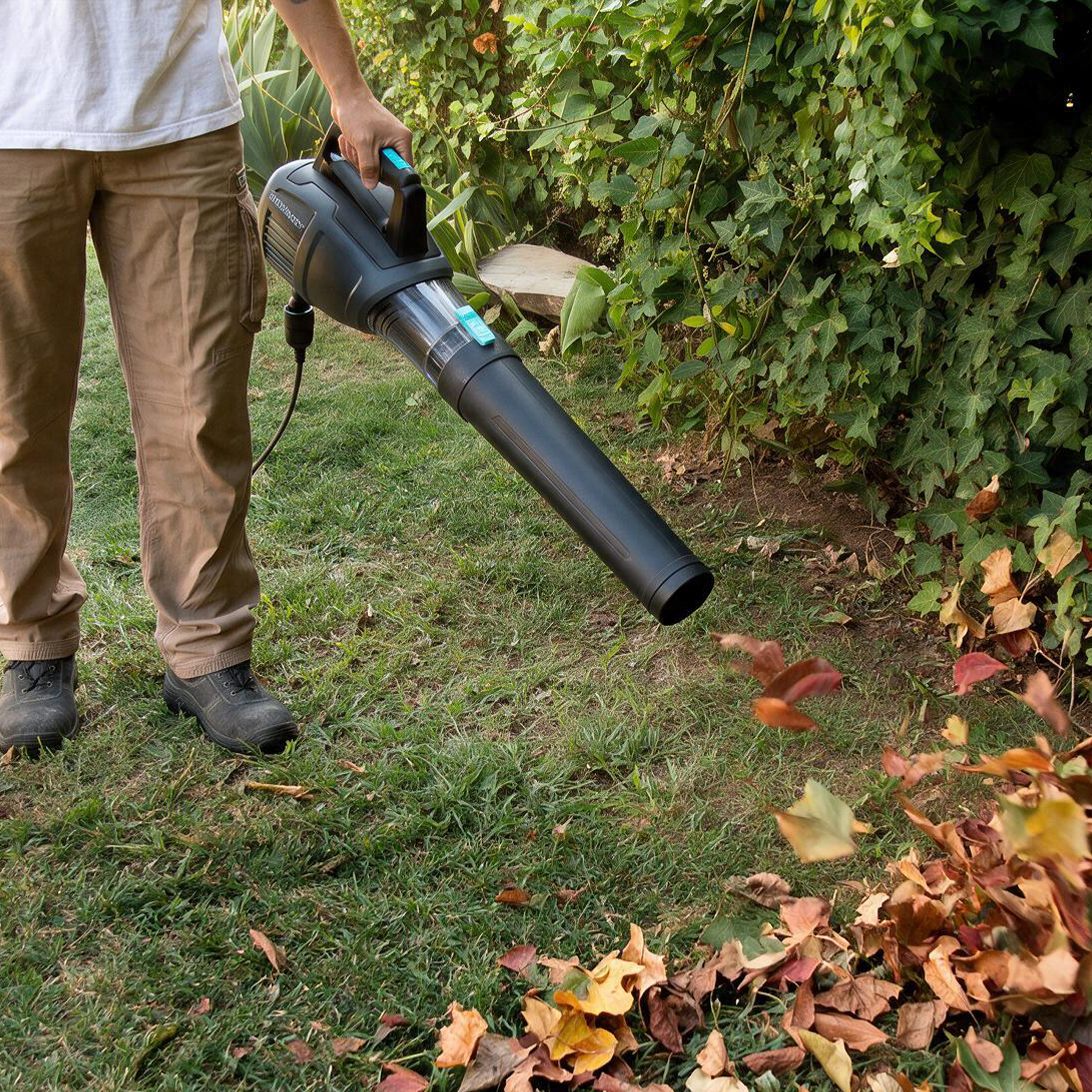 Persona sosteniendo un soplador de hojas negro en un jardín, alejando hojas secas.