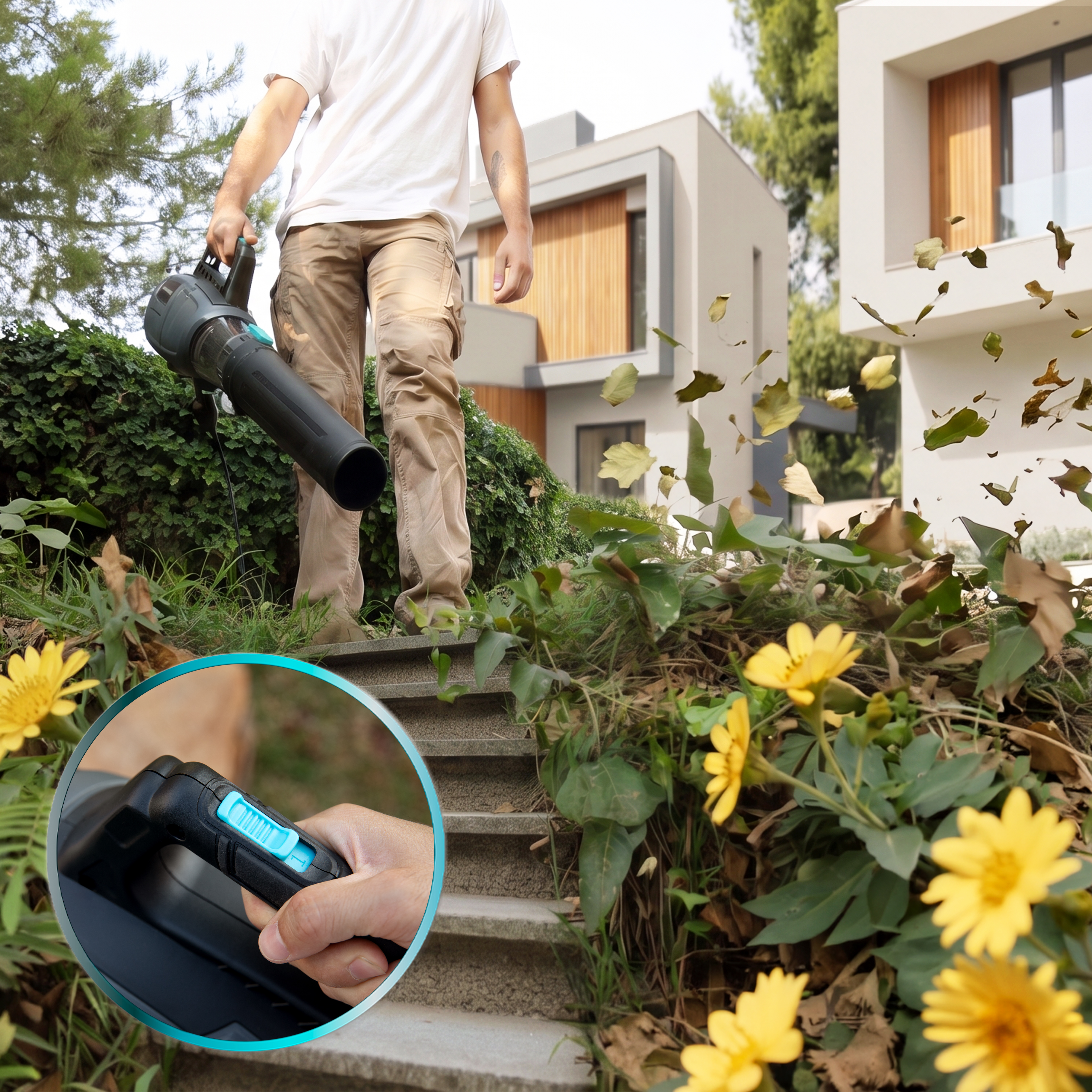 Una persona usa un soplador de hojas en escaleras de piedra cerca de flores amarillas y una casa moderna al fondo.
