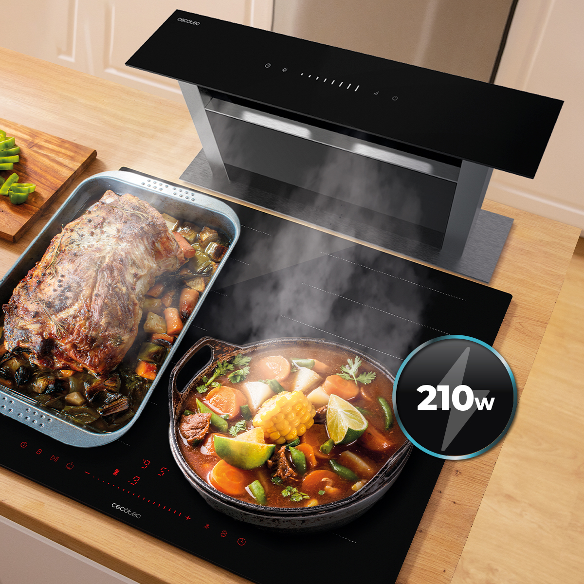 Una placa de cocina con sopa humeante, un asado y una campana extractora moderna arriba.